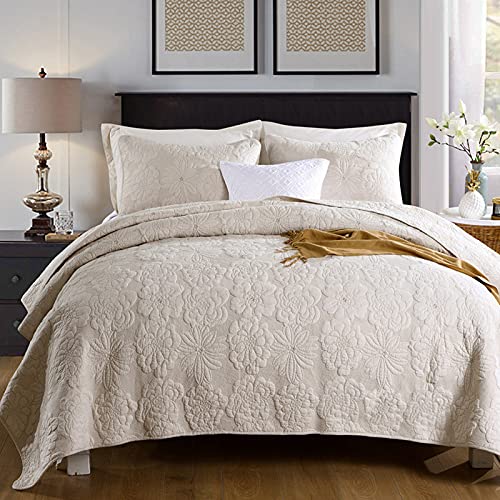 VCTOPS Floral Embroidered Quilt Set Queen Size - Lightweight Cotton Bedspread Coverlet Set with Elegant Design (Beige) - Perfect for Master Bedroom, Guest Room & Cozy Home Decor