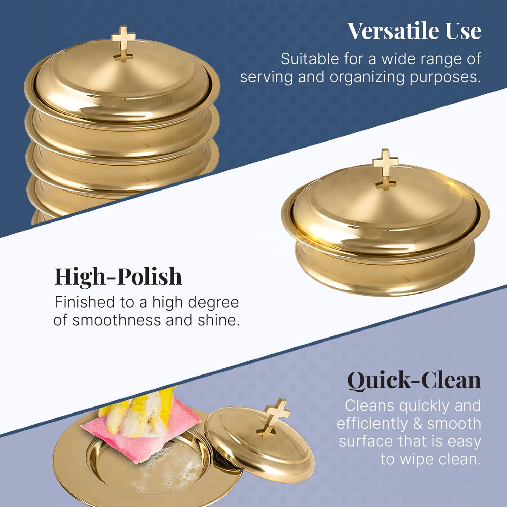Stainless Steel Communion Ware Set - 3 Holy Wine Serving Trays with Lids & 2 Stacking Bread Plates (Brass/Gold Finish) for Church Services, Weddings, and Religious Ceremonies