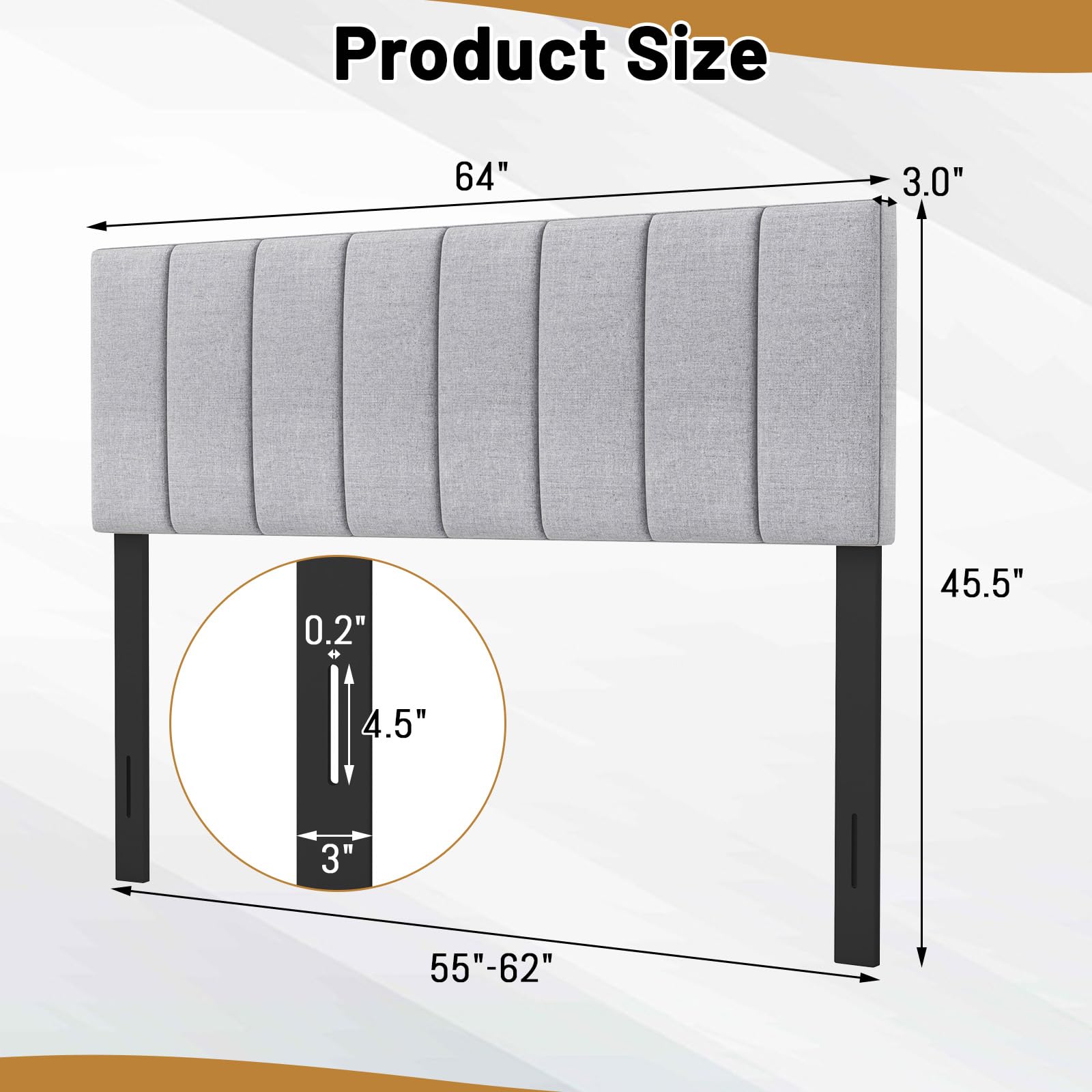 KOMFOTT Linen Upholstered Headboard for Full & Queen Size Bed - Vertical Channel Tufted Rectangular Bed Headboard with Solid Wood Legs, Adjustable Width, Padded Backboard, Easy Assembly (Gray) - Perfect for Bedroom Decor, Guest Room, and Master Suite Upgrade