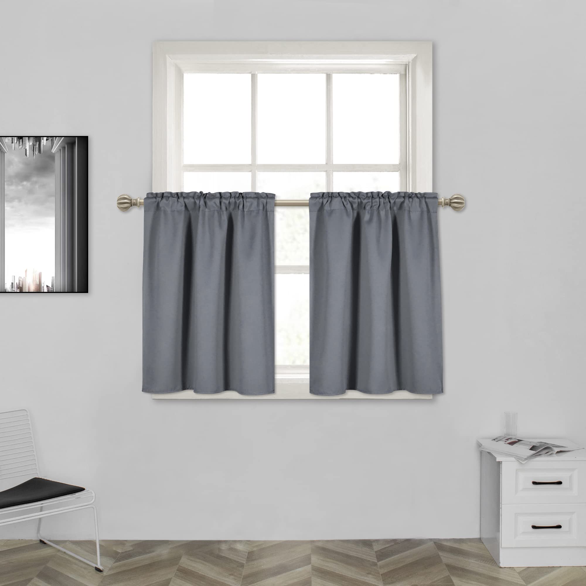 24 Inch Gray Short Blackout Curtains 2 Panels Set - Half Window Kitchen Tiers with Rod Pocket - Medium Grey 29