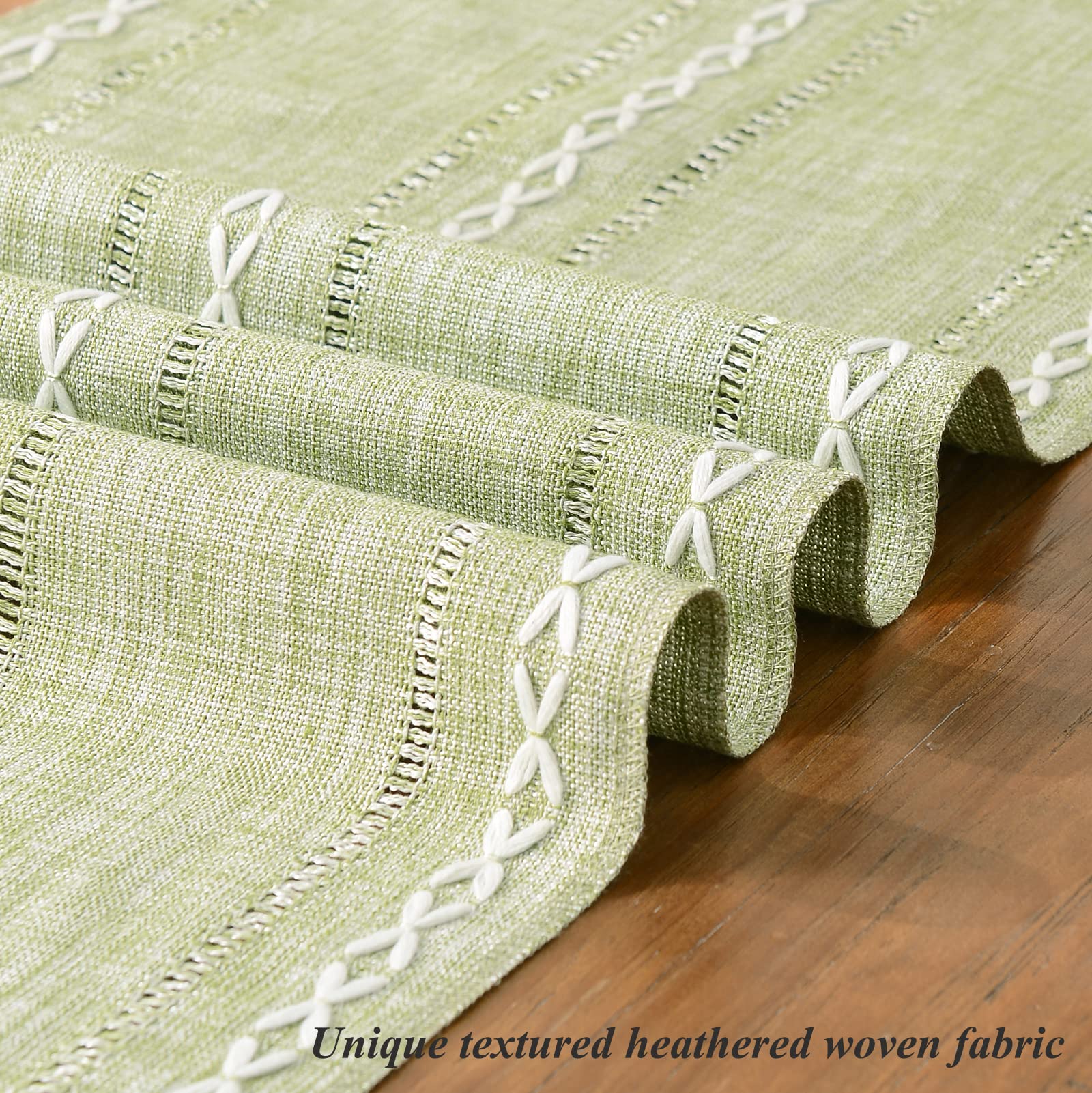 Rustic Hemstitch Linen Table Runner 90 Inches Long with Tassels - Farmhouse Style Dining Table Decor for Kitchen, Coffee Table, Party & Dresser - Sage Green 13