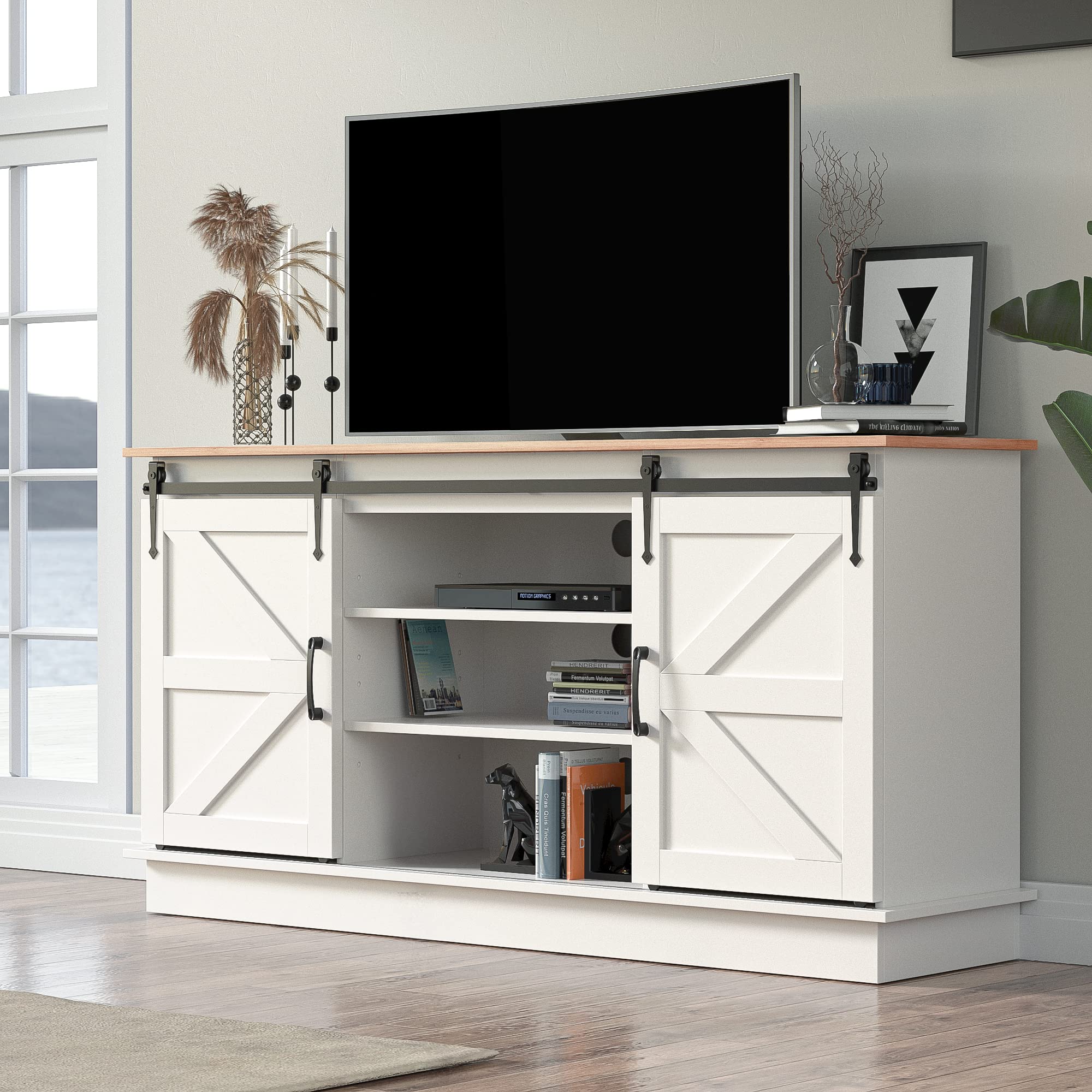 Rustic Farmhouse TV Stand for 60/65/70 Inch TVs - Wooden Entertainment Center with Sliding Barn Doors & Adjustable Shelves - White & Oak TV Console Table for Living Room, Bedroom - Perfect for Home Theater Setup & Cozy Family Movie Nights