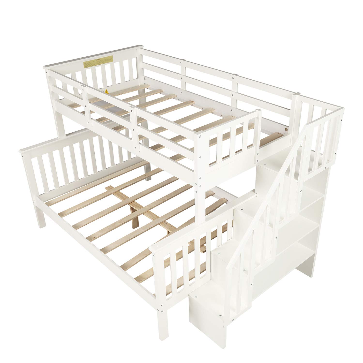Twin Over Full Bunk Bed with Stairway & Guard Rail - Solid Wood Bunk Bed Frame with Storage Shelves, Converts to Separate Twin & Full Beds (White) - Perfect for Kids Bedroom, Dorm Room & Space-Saving Home Furniture