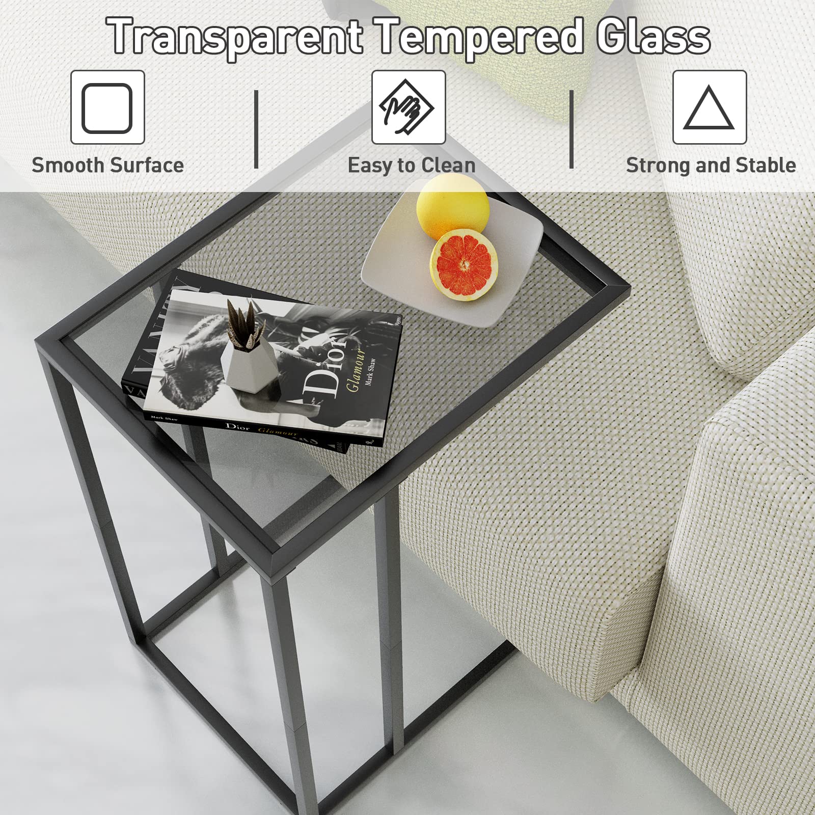 Black Tempered Glass C Table End Table - Metal Frame Snack Side Table for Couch, Sofa & Bed - Space-Saving TV Tray for Small Spaces | Perfect for Living Room, Bedroom & Home Office Use