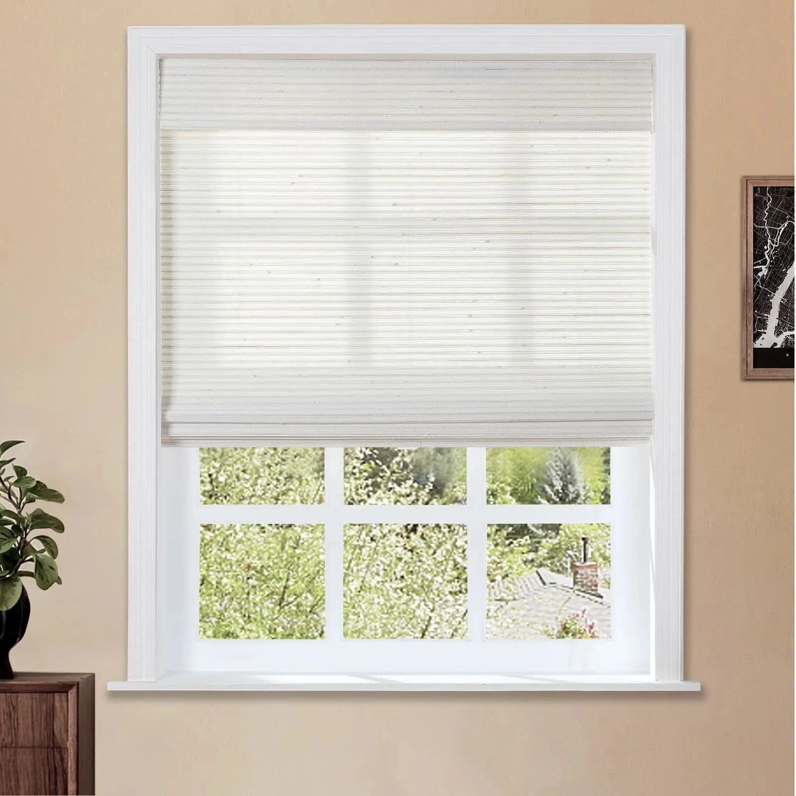 Natural Bamboo Woven Window Shade - Eco-Friendly White Roller Blind for Home & Office Privacy and Sun Protection
