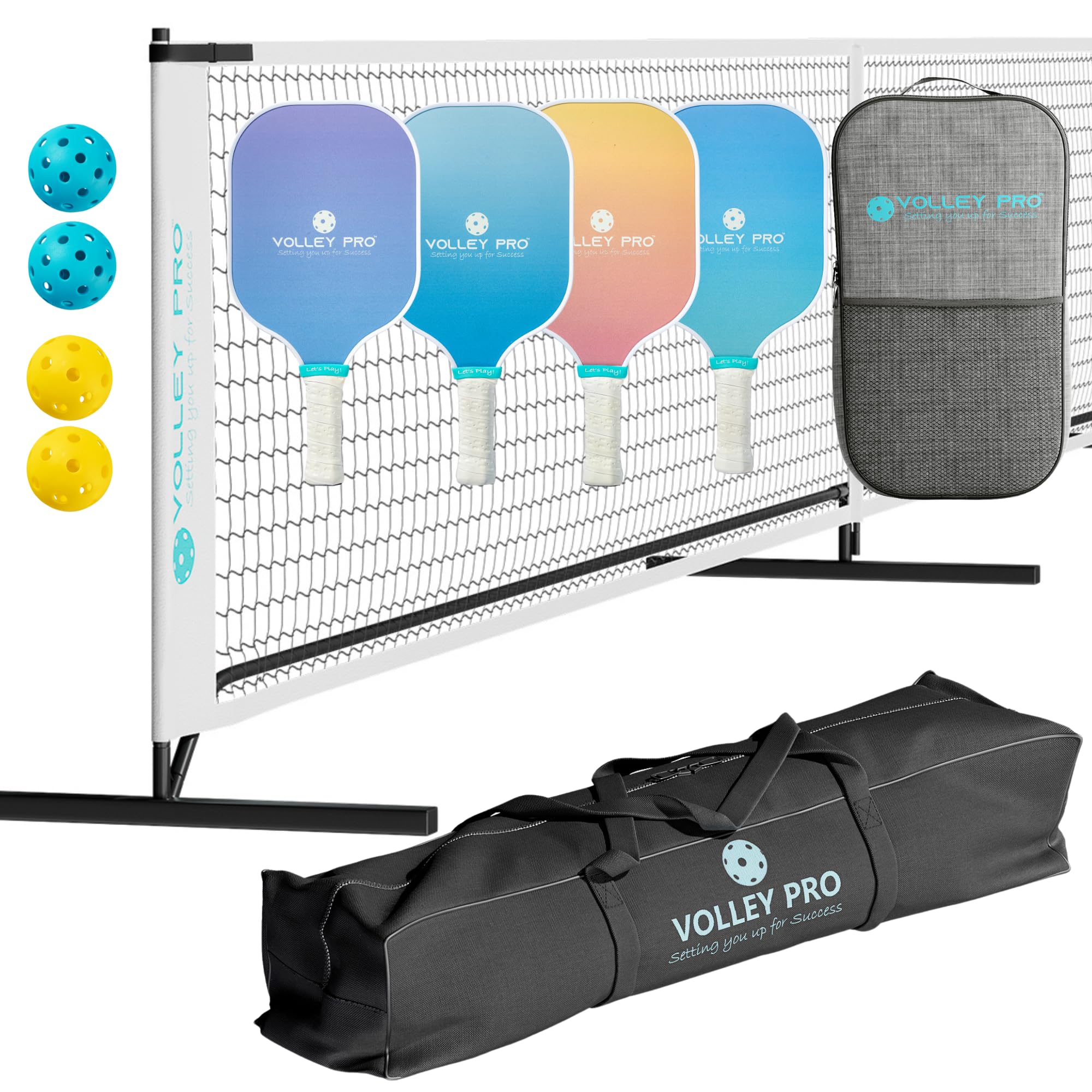 VolleyPro Portable Pickleball Set with Net - 4 Carbon Fiber Paddles, Duffle Bag, Regulation Size Net System, 4 Indoor/Outdoor Balls | Complete Pickleball Kit for Backyard, Beach & Court Games | Easy Assembly & Carry Bag Included
