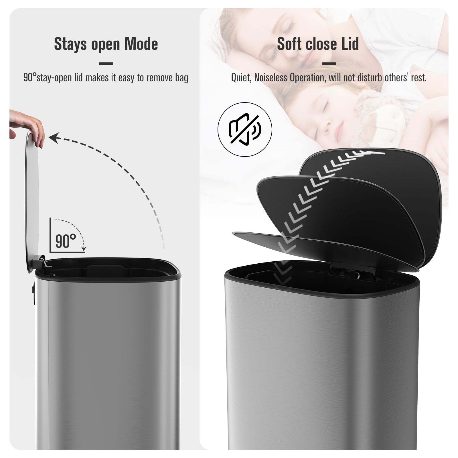 13 Gallon Stainless Steel Trash Can with Lid - Metal Foot Pedal, Quiet Soft Close, Includes 30 Garbage Bags - Perfect for Kitchen, Office, Living Room, Bathroom & Commercial Use