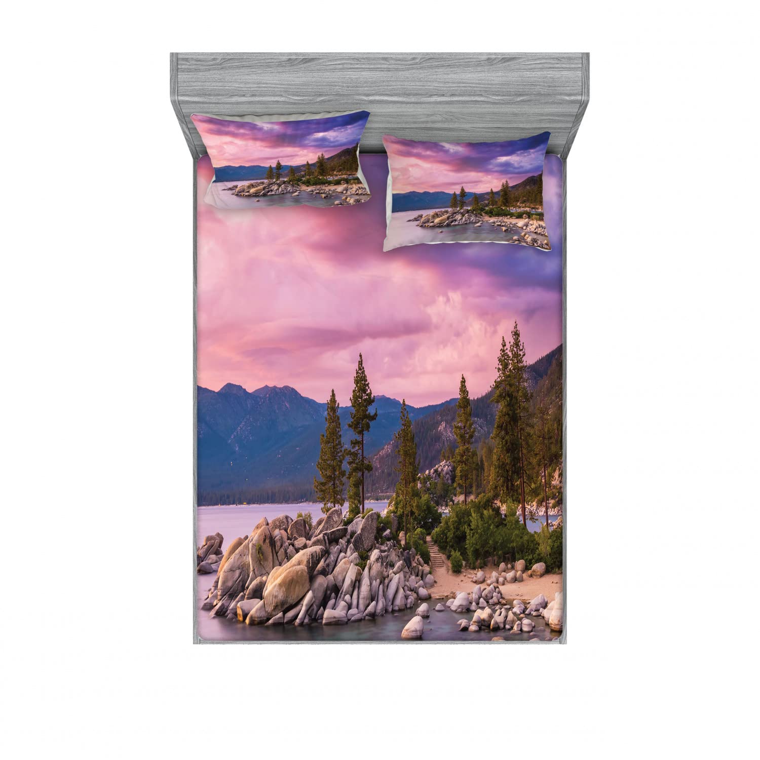 Ambesonne 2-Piece Full Size Fitted Sheet Set with 4 Pillow Shams - Secret Paradise Forest Design, Grey Pink Nature Inspired Bedding for Cozy Bedroom Decor | Perfect for Guest Rooms, Vacation Homes & Dorm Essentials