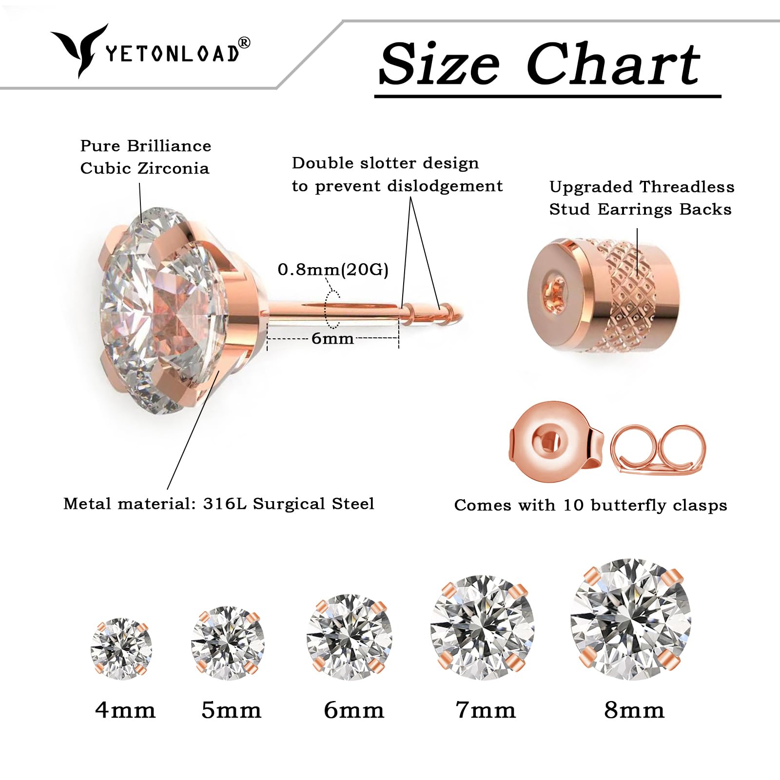 5-6 Pairs Hypoallergenic Surgical Stainless Steel Cubic Zirconia Stud Earrings Set - Flat Back Push-in CZ Ear Studs for Women & Men (2-8mm) | Trendy Cartilage & Lobe Piercing Jewelry for Everyday Wear, Parties & Gifts