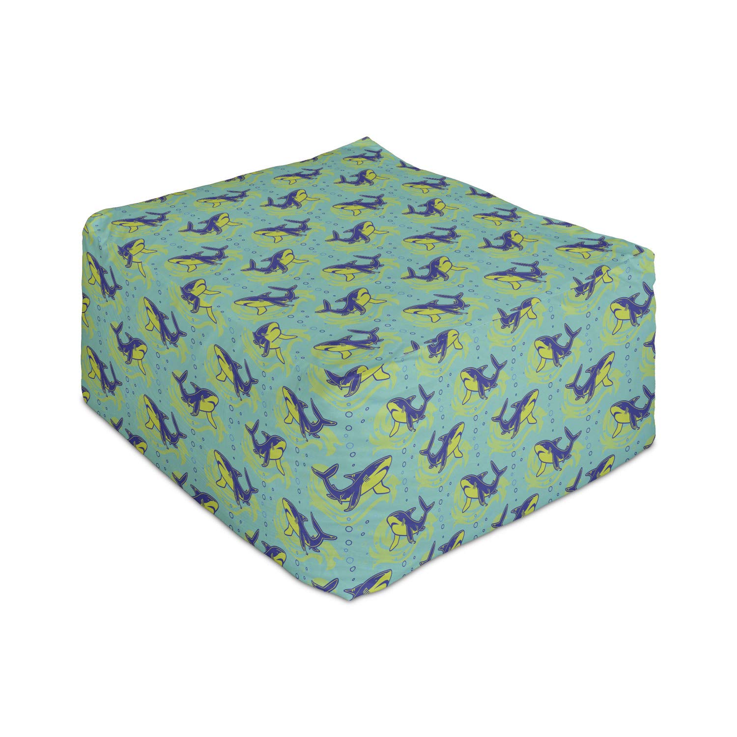 Ambesonne Rectangle Fish Pouf Ottoman - Deep Sea Sharks Swimming with Ocean Bubbles Art Foot Stool for Living Room & Office, 25 Inch, Seafoam Green & Indigo - Perfect for Home Decor, Gaming Chairs, and Reading Nooks