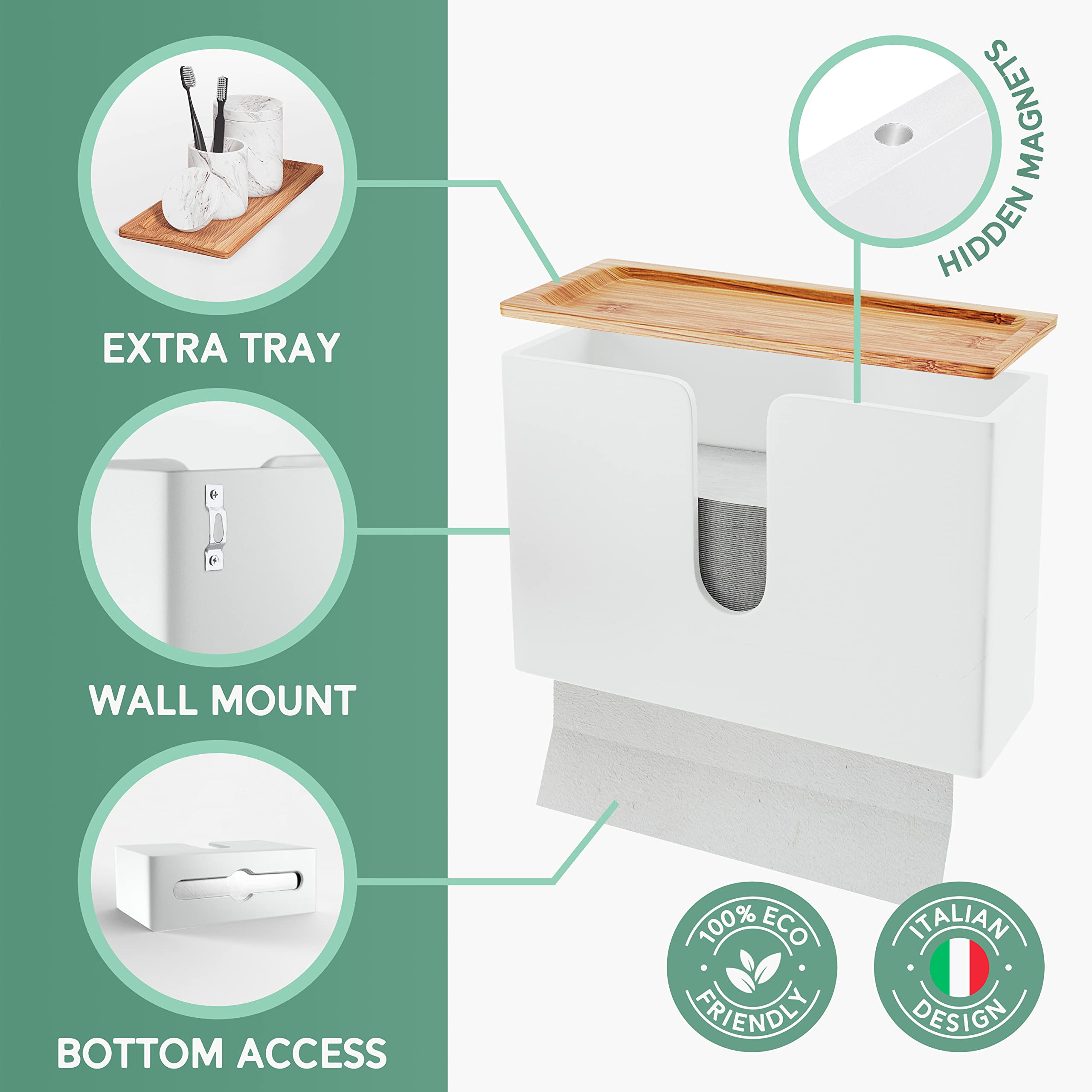 Premium Bamboo Paper Towel Dispenser - Wall Mount & Countertop Holder for C-Fold/Z-Fold/Tri-Fold Towels - Removable Top Tray for Kitchen, Bathroom & Commercial Use - Eco-Friendly White Towel Organizer - Perfect for Restaurants, Offices & Home Decor