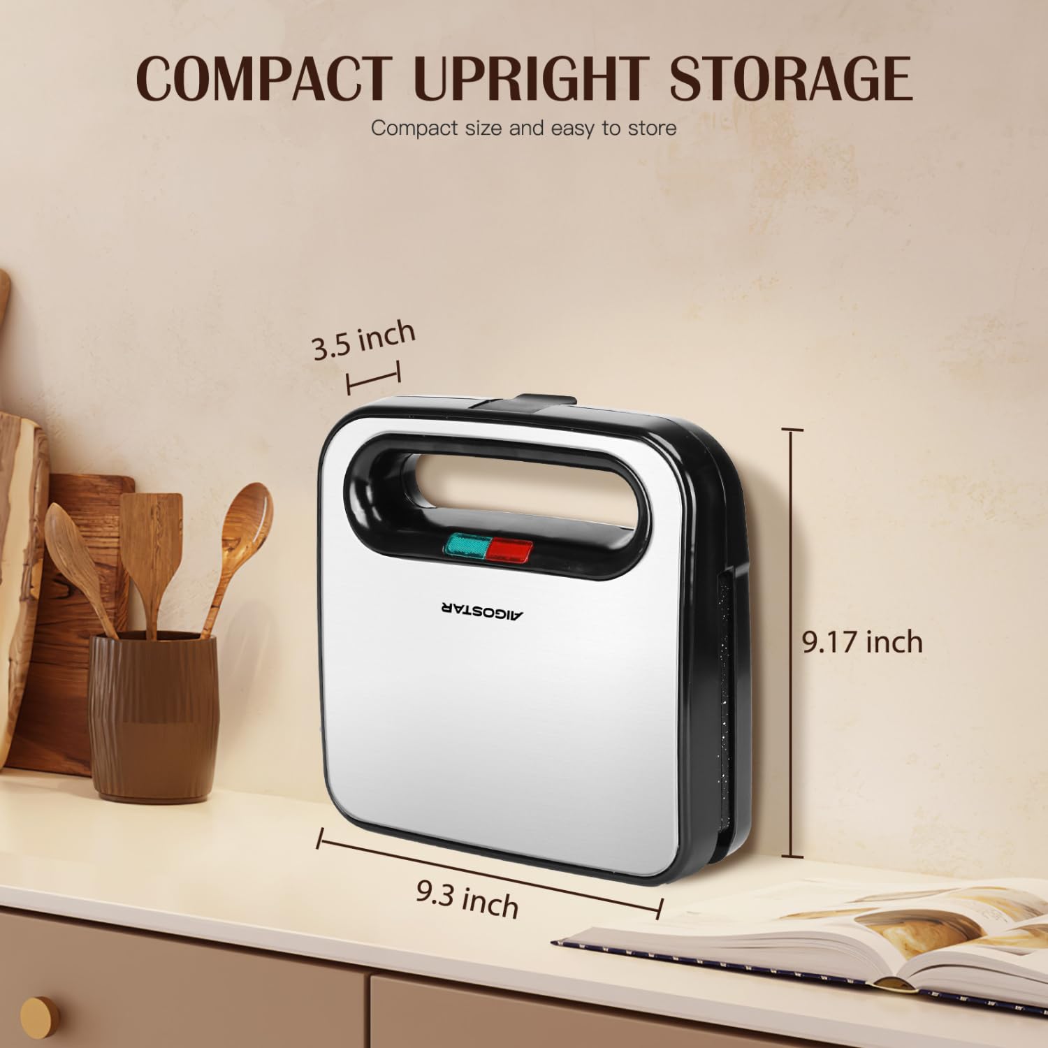 Aigostar Electric Sandwich Maker with Nonstick Ceramic Plates - Panini Press, Grilled Cheese Maker & Breakfast Toaster for Tuna Melt, Omelets & Snacks - Stainless Steel Tostadora de Pan - Perfect for Quick Breakfasts, Office Lunches & Family Snack Time