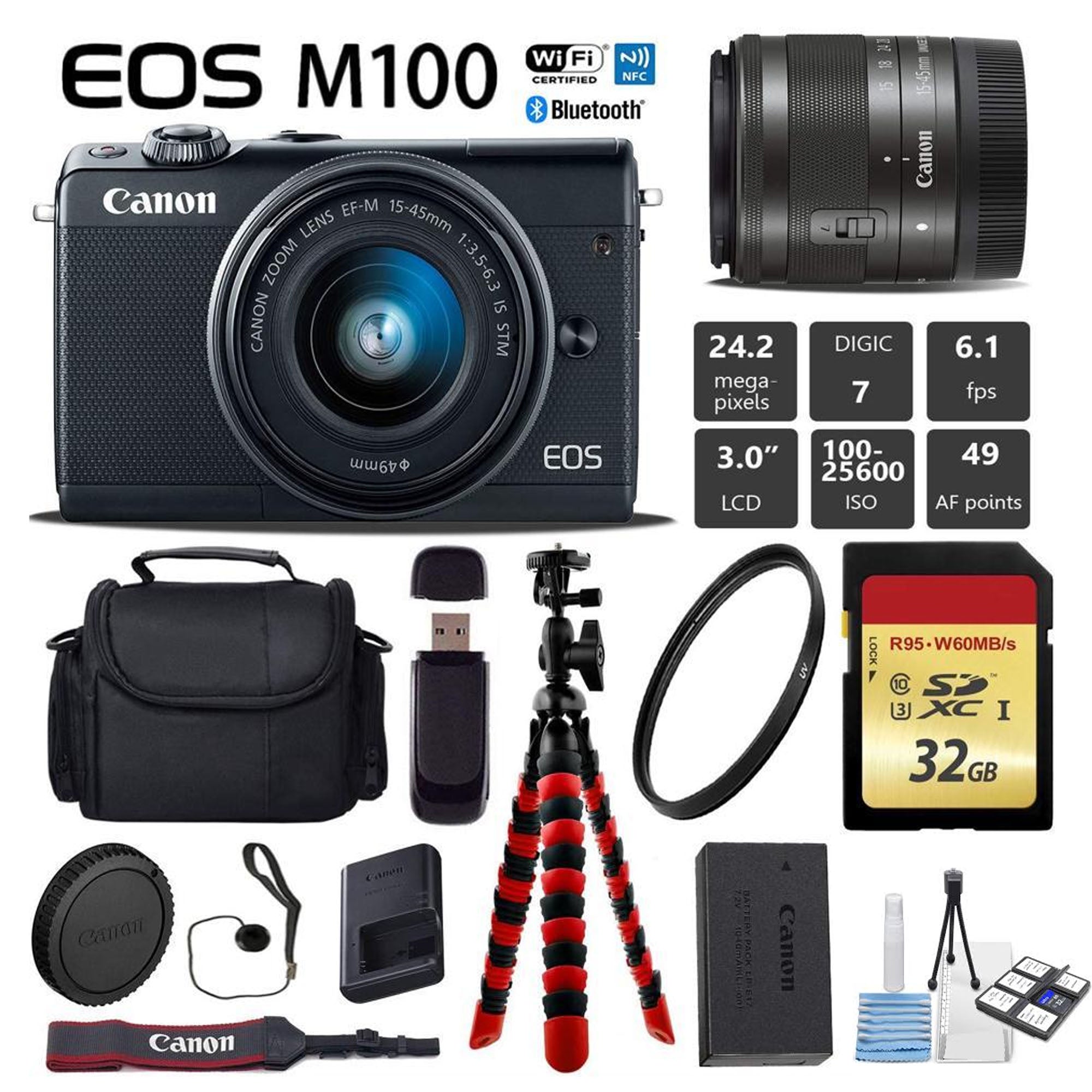 Canon EOS M100 Mirrorless Digital Camera Kit with 15-45mm Lens (Black) - Includes Flexible Tripod, UV Filter, Professional Case & Card Reader - Perfect for Travel Photography, Vlogging & Everyday Shooting