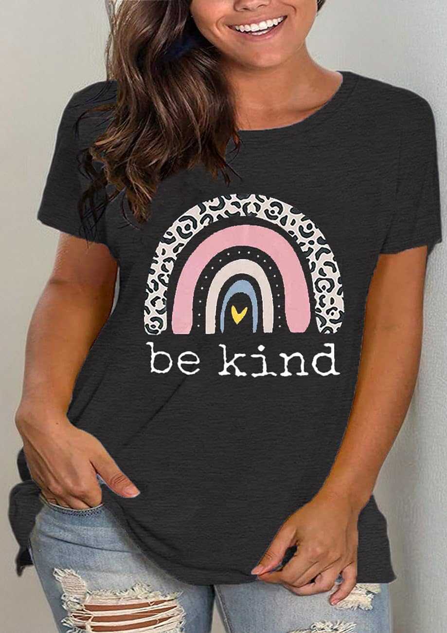 Plus Size Be Kind T-Shirt for Women - Cute Rainbow Graphic Tee with Inspirational Message - Funny Teacher Shirt & Kindness Apparel - Soft Short Sleeve Top for Casual Wear, Work, School & Everyday Outfits