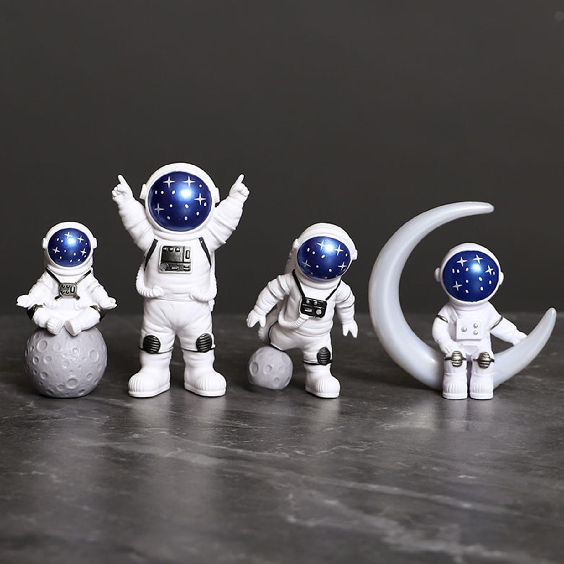 Blue and White Astronaut Figurines Set of 4 - Spaceman Sculpture Decor for Nursery, Cake Topper | Outer Space Theme Room Decor, Kids Birthday Party, Baby Shower, and Science-Themed Events