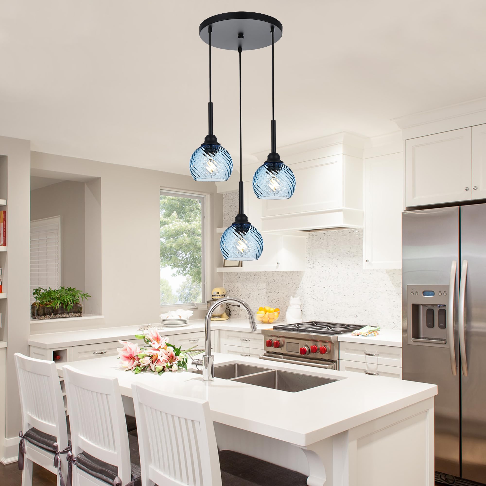 Modern Blue Striped Swirl Glass 3-Light Pendant Lighting for Kitchen Island & Dining Room - Cluster Hanging Ceiling Light with E26 Base - Perfect for Kitchen Counter, Breakfast Bar & Dining Table Ambiance