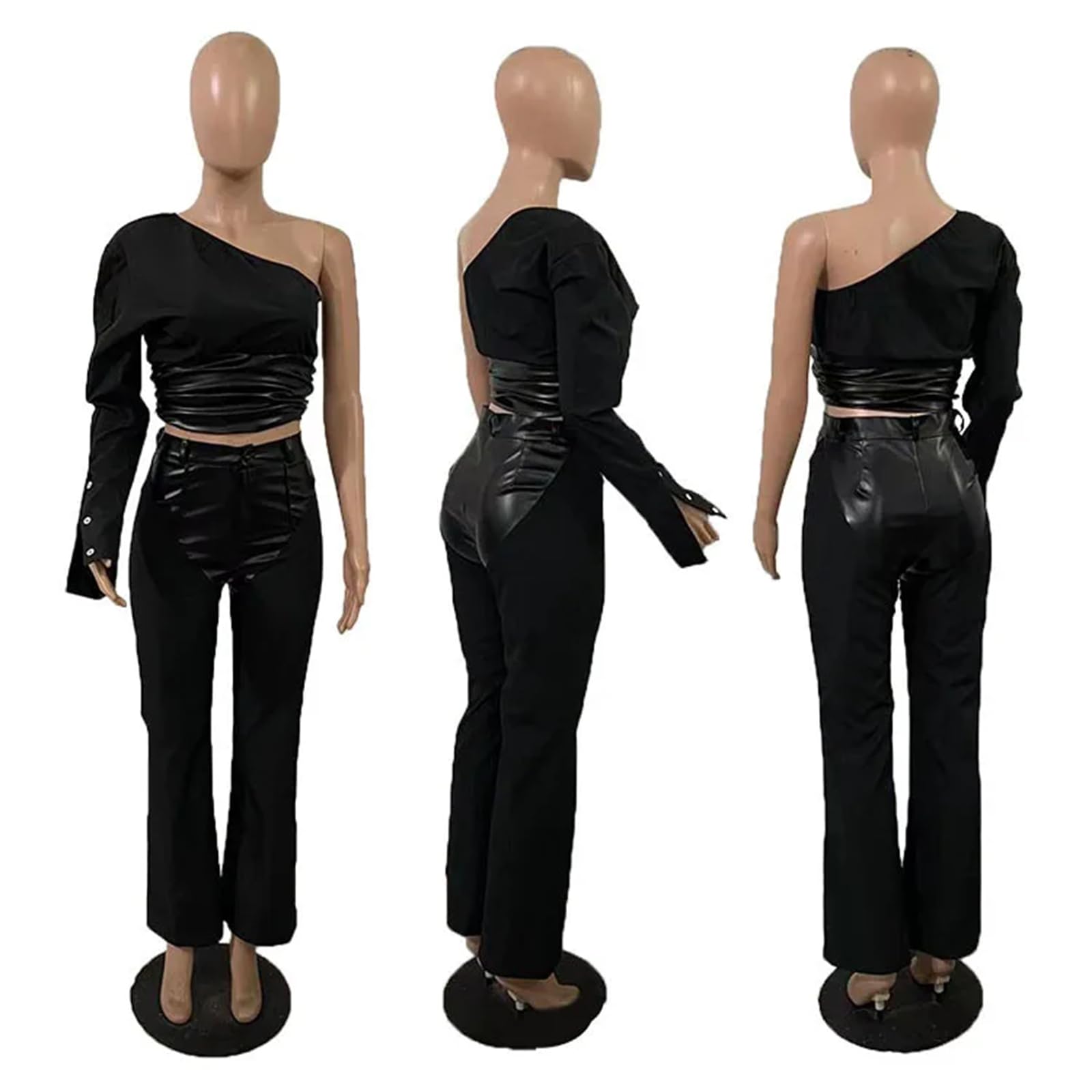 Women's Faux Leather Patchwork One Shoulder Crop Top & Wide Leg Pants Suit Set - Trendy Two Piece Outfit for Night Out, Party, or Date Night