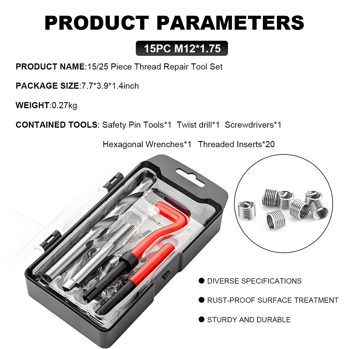 15 PCS M12×1.75 Metric Thread Repair Kit - Automotive Thread Repair Tool Set with Hex Wrench & Drill Bit - Universal Car Accessories for Engine, Transmission & Exhaust System Repairs