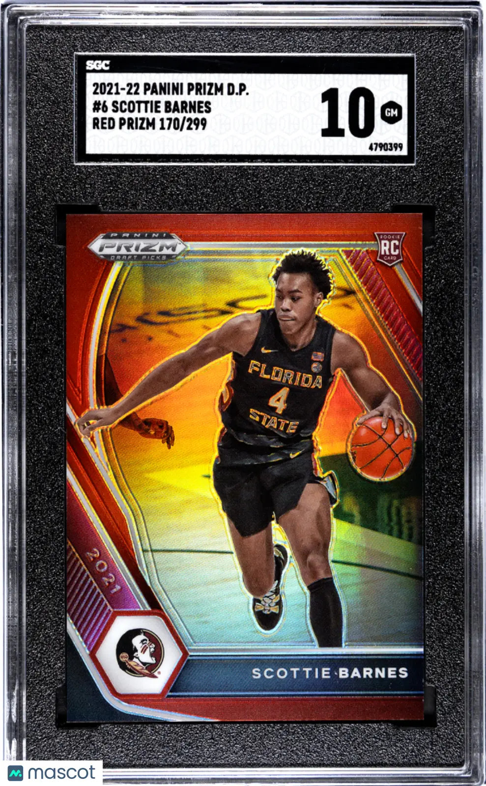 2021-22 Panini Prizm Draft Picks Scottie Barnes Rookie Card Red Prizm SGC 10 Gem Mint 170/299 - Perfect for Basketball Card Collectors and NBA Memorabilia Enthusiasts