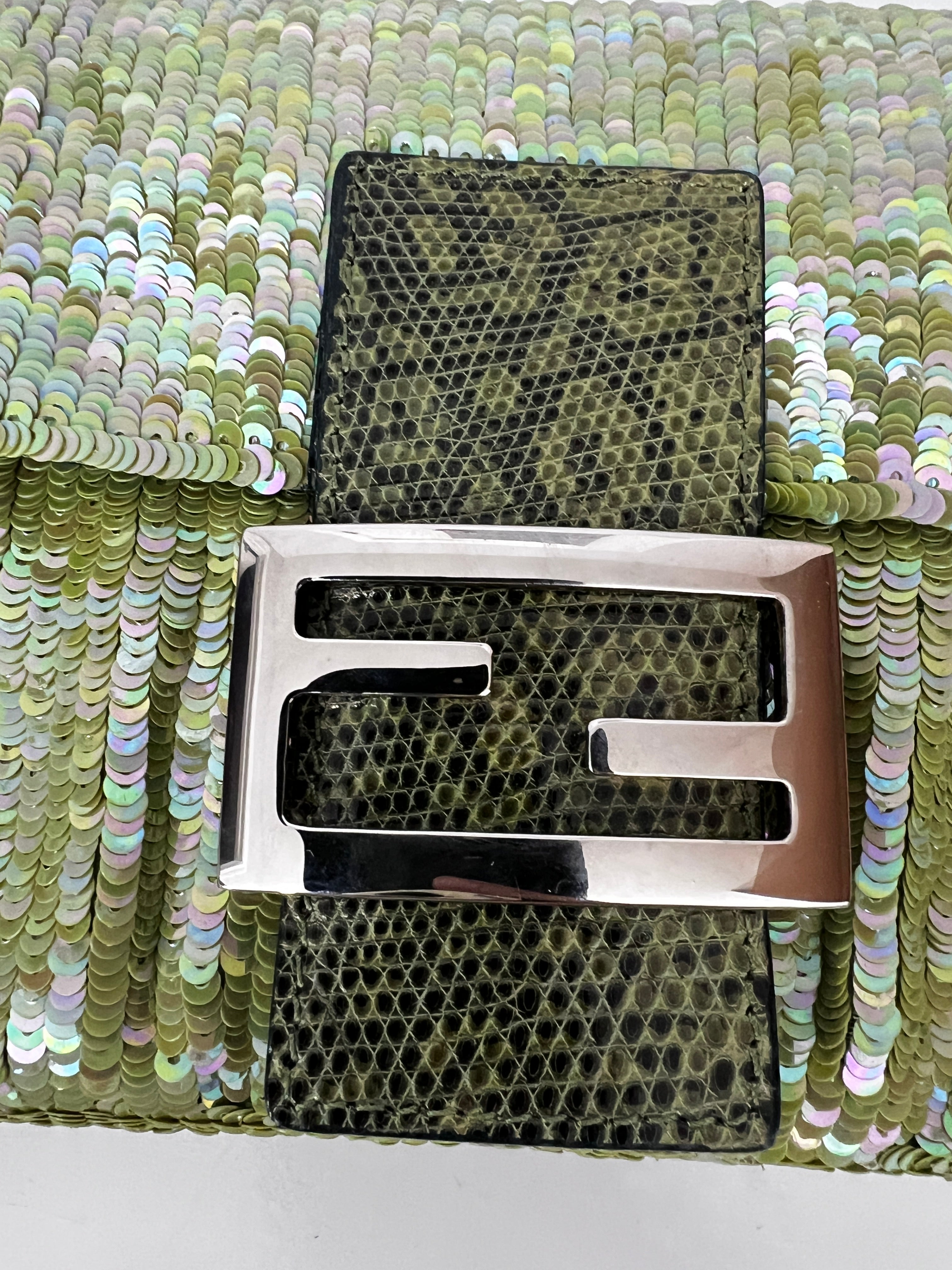 Fendi Green Sequin Lizard Trimmed Baguette Handbag - Luxury Evening Clutch for Parties, Weddings & Special Events