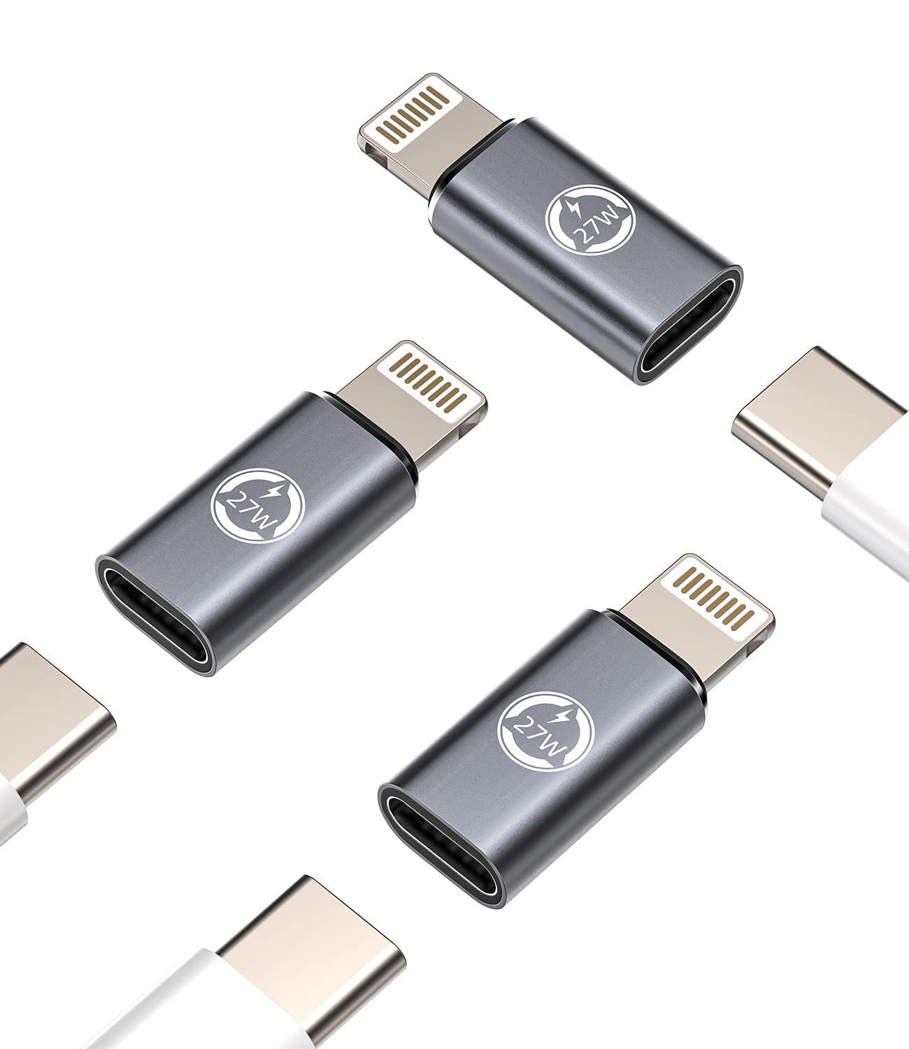27W Fast Charger Adapter (3-Pack) - USB C to Lightning Converter with Type-C Port - Compatible with iPhone 11/12/13/14 Pro Max/Mini/XS/SE/7/8/X/XR & iPad Air - Fast Charging & Data Sync Cable for Home, Office & Travel