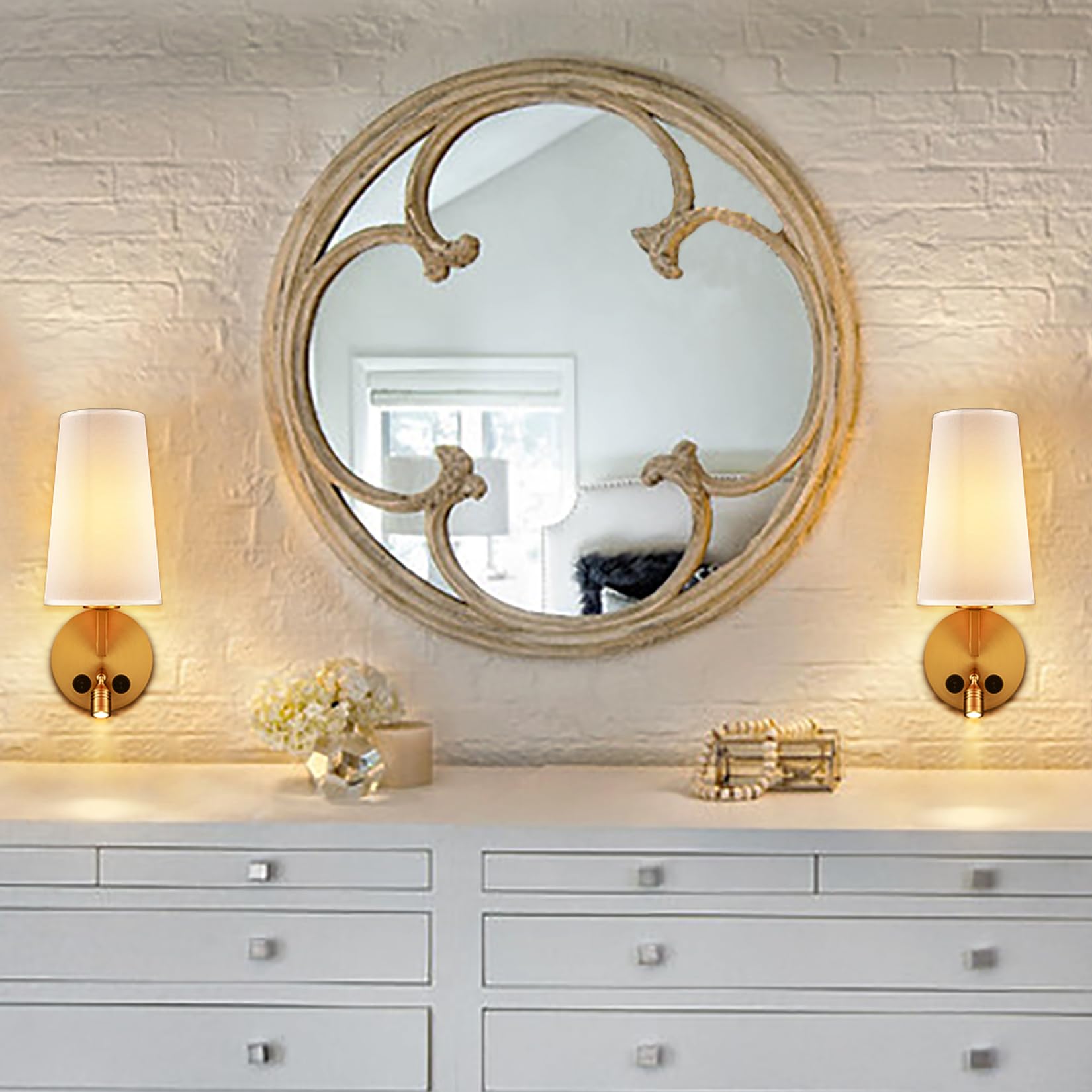 Modern Brass Wall Sconces Set of 2 - Gold USB Wall Lamps with Fabric Shade & Switch - Bedroom, Hallway & Living Room Lighting - Perfect for Ambient Lighting & Home Decor