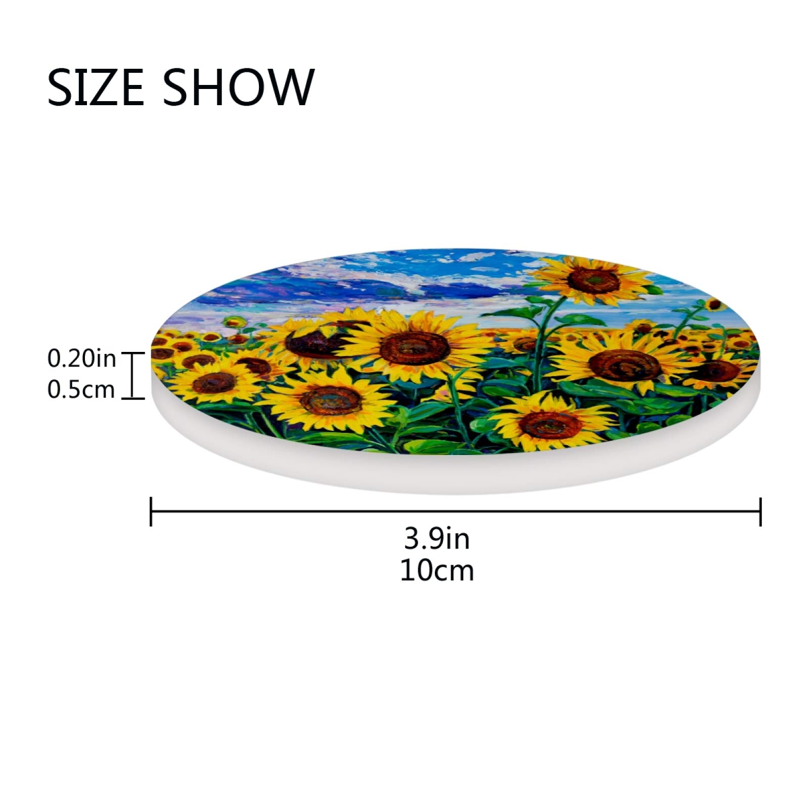 Qilmy Sunflower Ceramic Drink Coasters Set of 2 - Absorbent Stone Coasters with Cork Base for Mugs, Cups & Glasses - Perfect for Coffee Tables, Kitchen Countertops & Office Desks