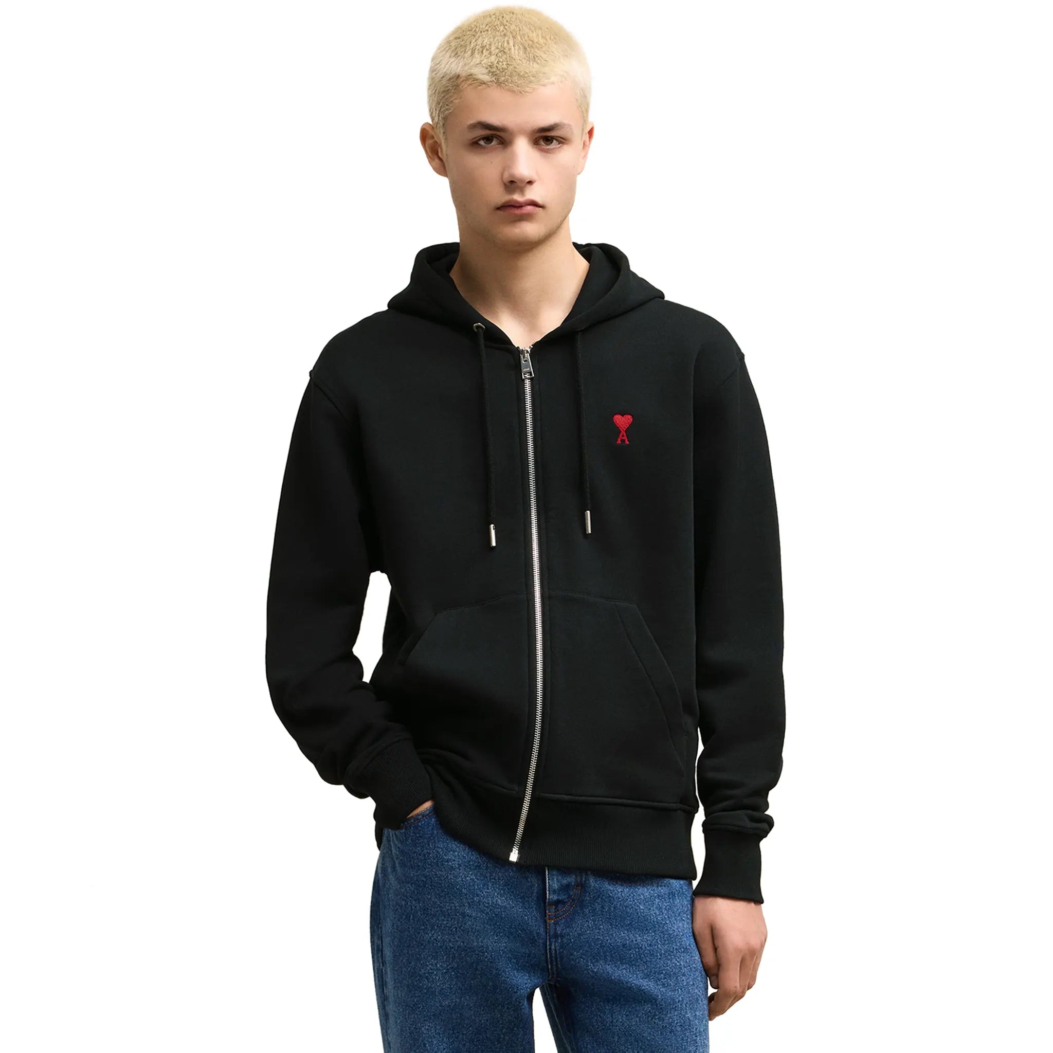Ami Paris Ami De Coeur Black Cotton Zip-Up Hoodie for Men - Casual Streetwear & Everyday Comfort