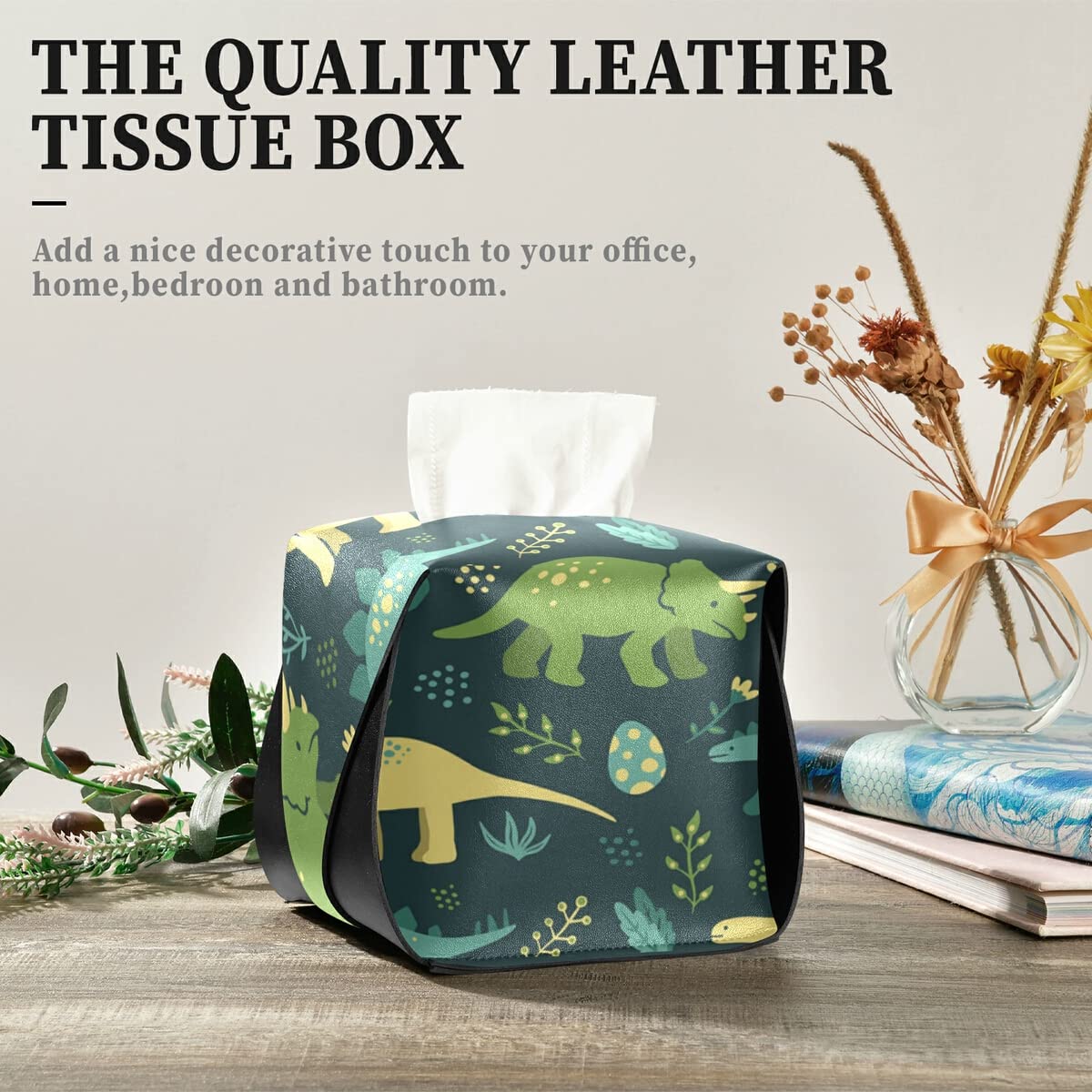 Stylish Green Dinosaur Tissue Box Cover - PU Leather Rectangle Tissue Dispenser with Hanging Loop for Countertops & Nightstands | Perfect for Kids' Rooms, Bathrooms & Office Desks