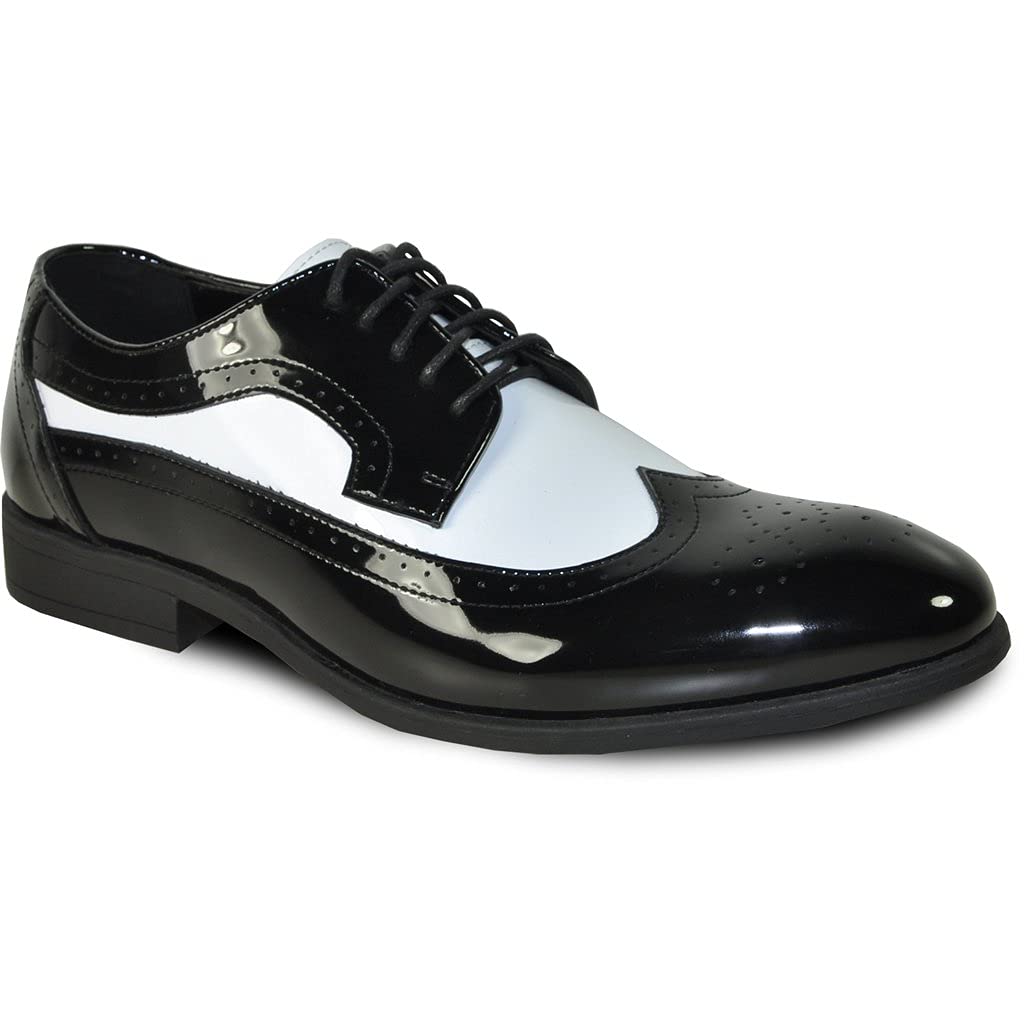 Vangelo Men's Oxford Dress Shoes - Formal Tuxedo Shoes for Prom, Wedding & Business - Black/White Two-Tone Patent Leather - Perfect for Special Occasions & Professional Events