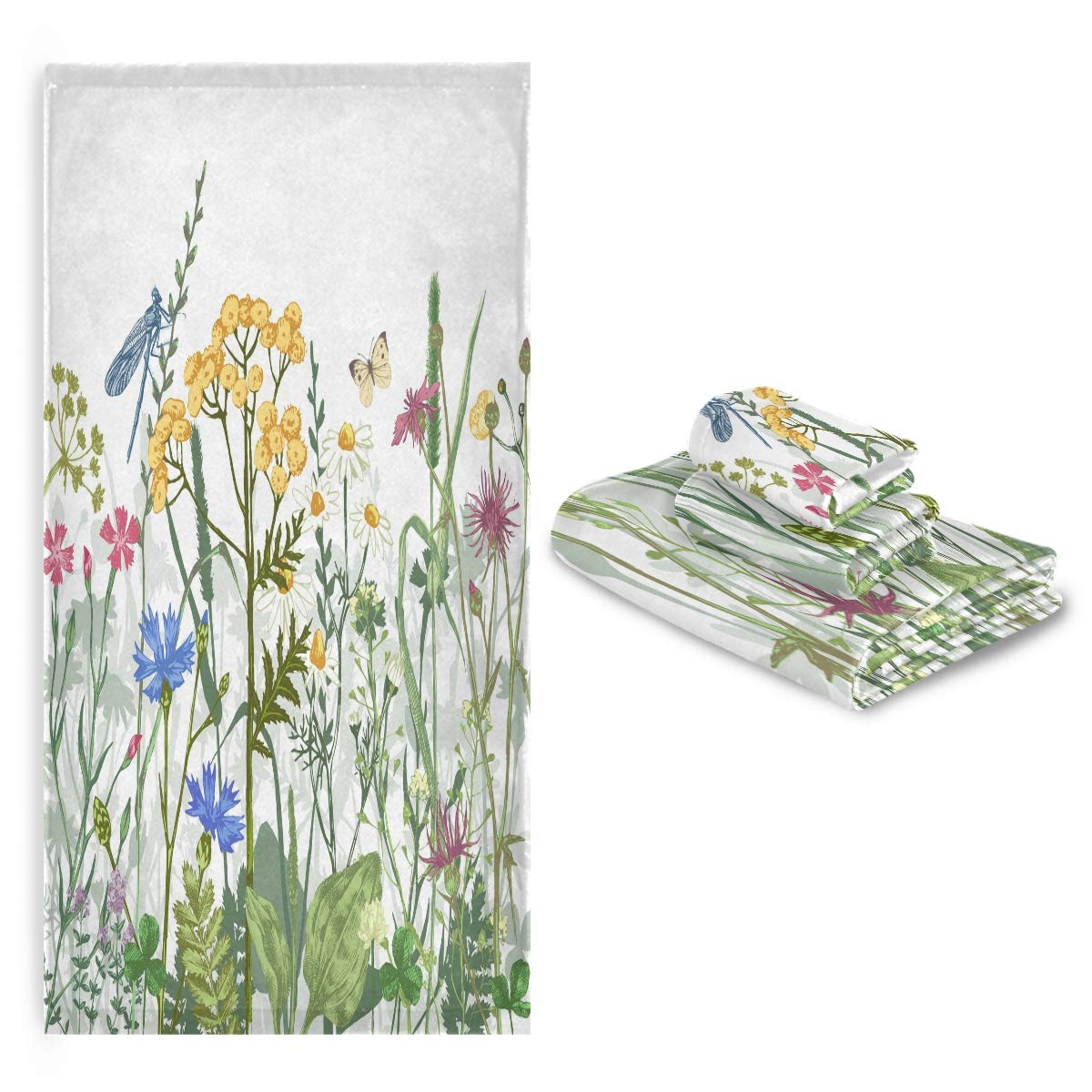 Blueangle Colorful Herbs and Flowers 3-Piece Bath Towel Set - Super Soft & Absorbent Cotton Towels for Bath, Hand, and Face - Fade Resistant & Quick Drying - Perfect for Spa, Bathroom, and Guest Use