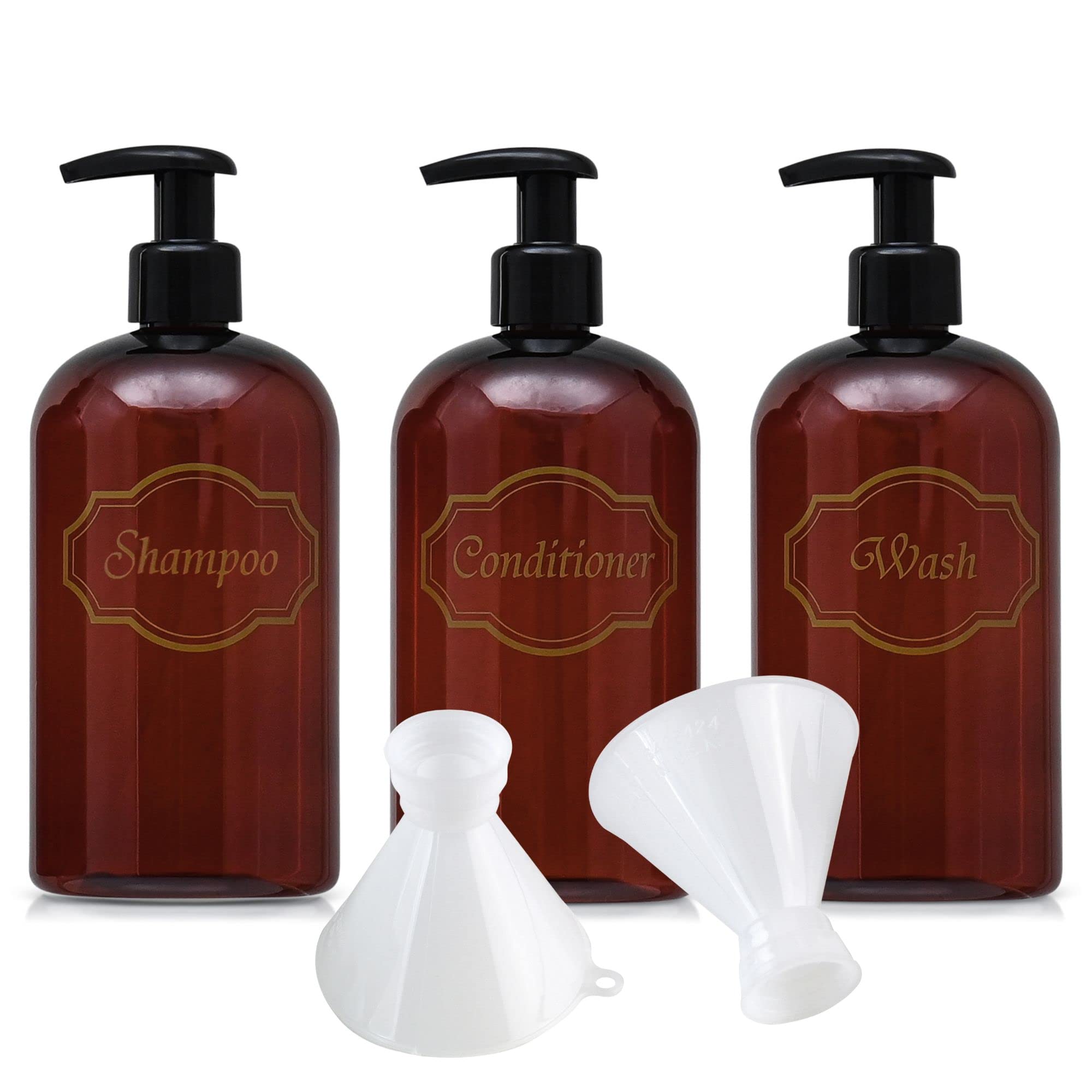 16 oz Amber PET Plastic Refillable Shampoo & Conditioner Bottles with 2 Twist-On Funnels - Eco-Friendly Bathroom Storage for Shower Gel, Liquid Soap & Hair Care Products | Perfect for Home, Gym & Travel Use