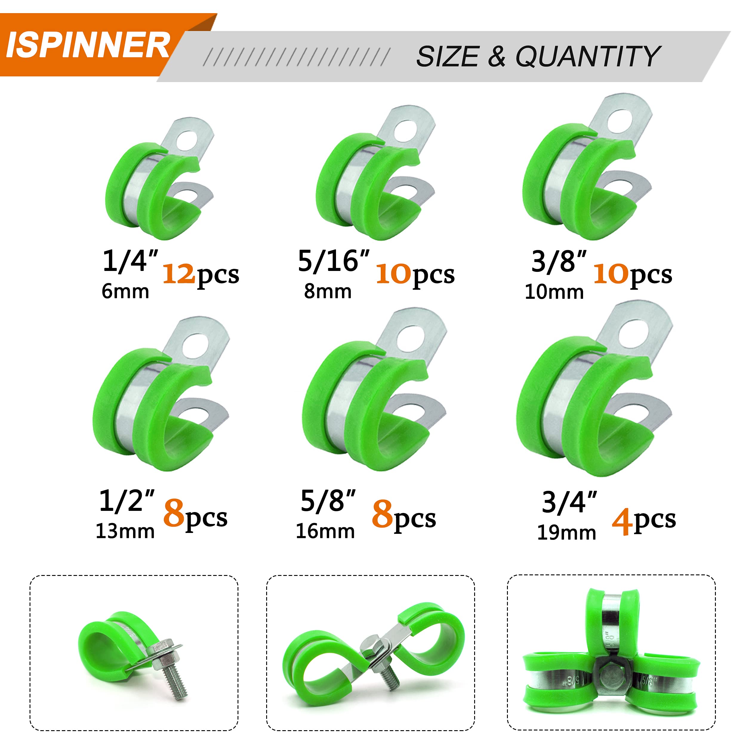 ISPINNER 52pcs Stainless Steel Cable Clamps Kit - 304 Rustproof Pipe Clamps with Rubber Cushion in 6 Sizes (1/4