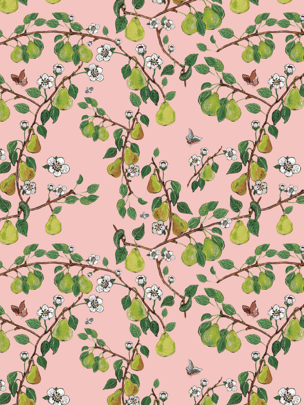Giardino di Pere Wallpaper by Carly Beck - Pink Floral Peel and Stick Wallpaper for Bedroom, Living Room, and Nursery Decor