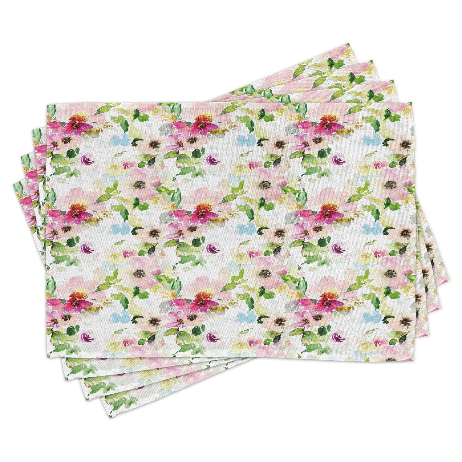 Ambesonne Floral Place Mats Set of 4 - Hand Painted Vintage Spring Flowers & Leaves in Pastel Watercolors | Washable Fabric Table Mats for Dining Room & Kitchen Decor (Pink, Purple, Green) | Perfect for Spring Parties, Brunch & Romantic Dinners