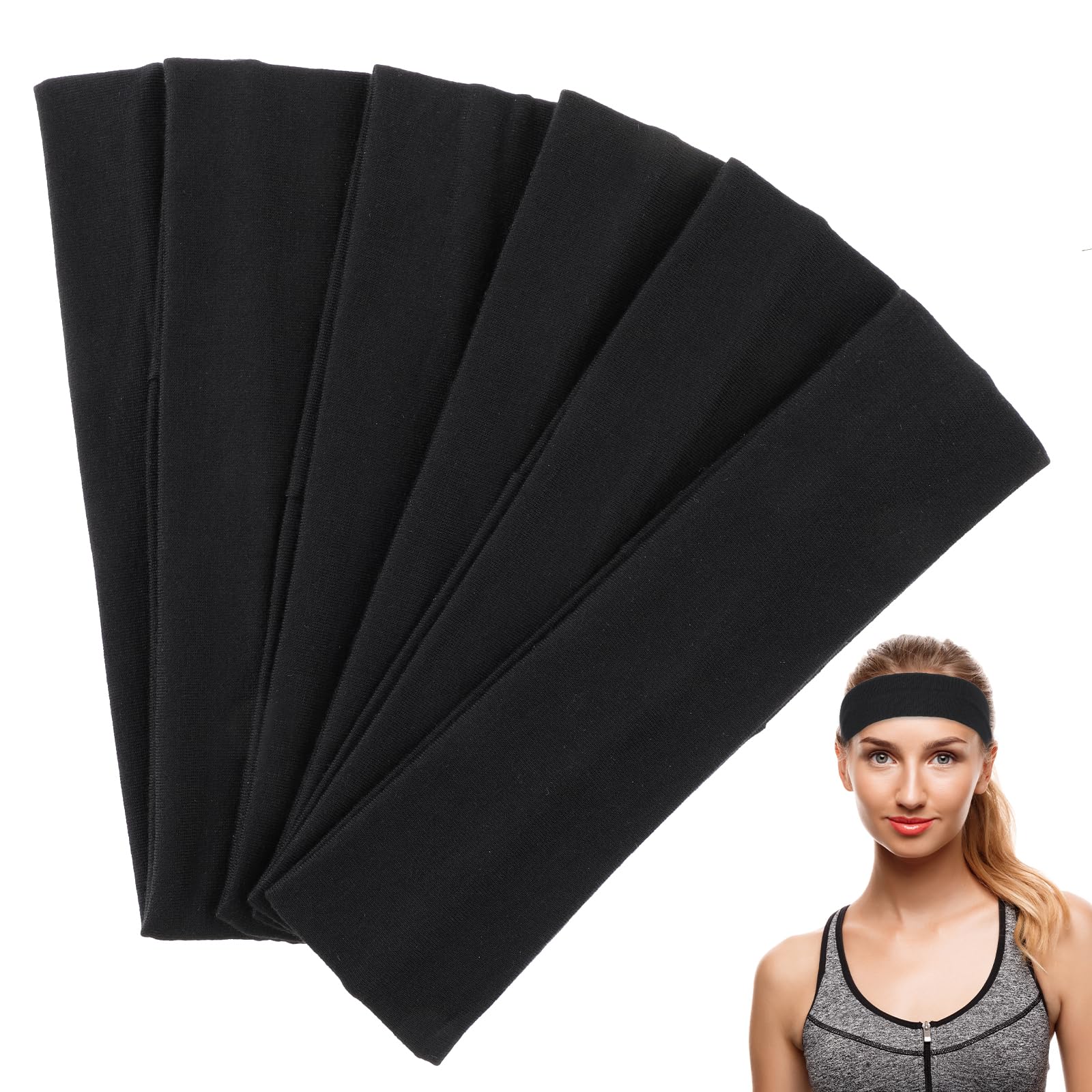6-Pack Black & White Sports Headbands for Women - Stretchy Cotton Non-Slip Workout Headbands - Yoga, Running, Gym & Fitness Accessories - Boho Style Sweat-Wicking Hair Bandanas for Active Lifestyles