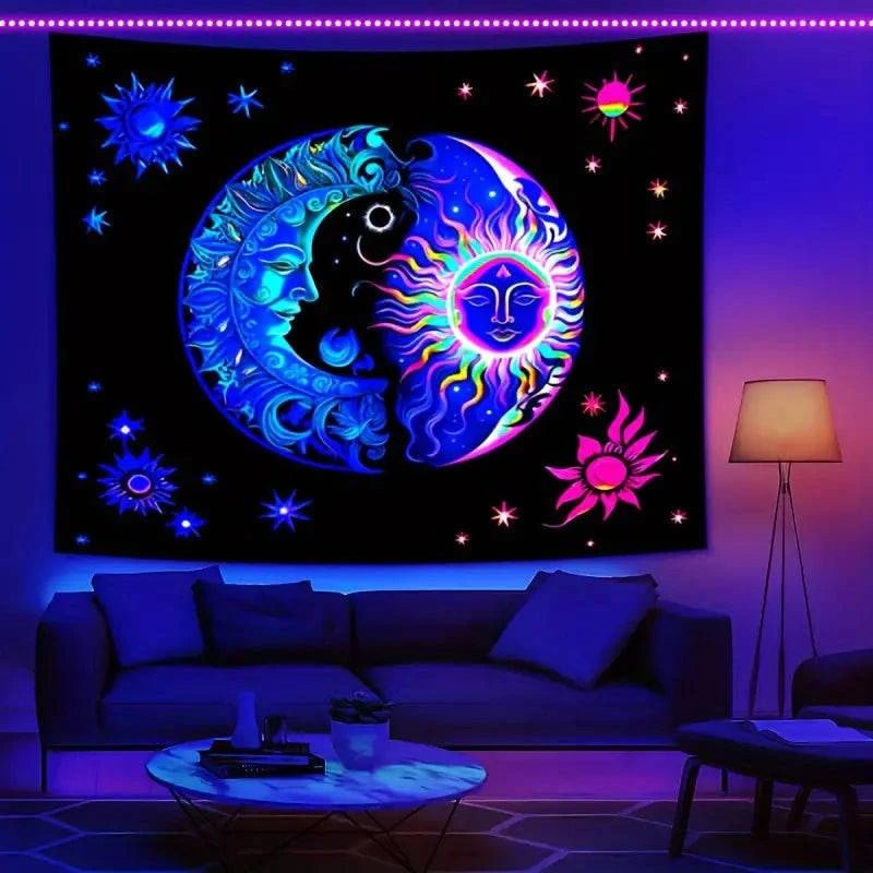 Sun Moon Official Glow in the Dark UV Tapestry Wall Art - Celestial Decor for Bedroom, Dorm Room & Meditation Space