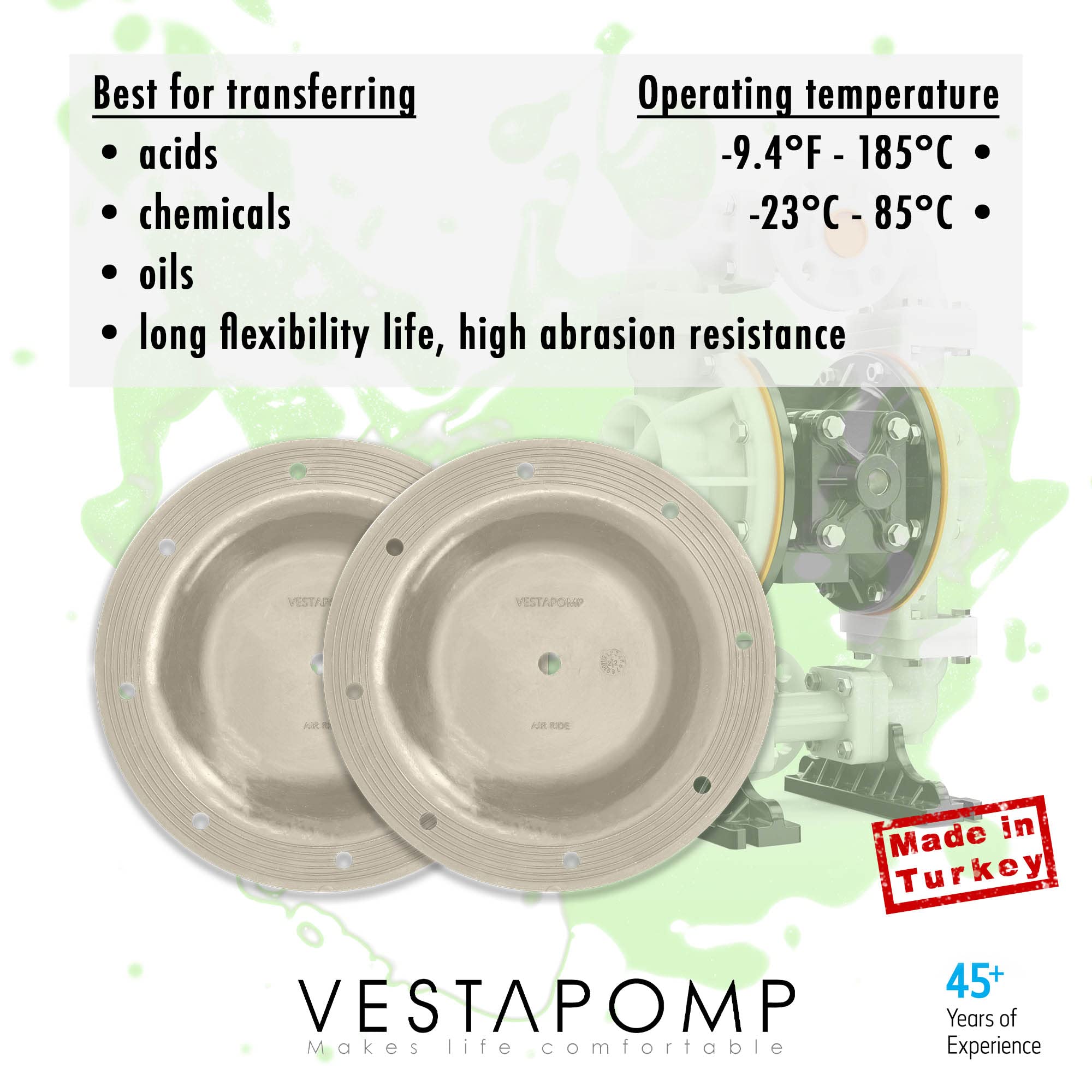Vestapomp Air Operated Double Diaphragm Pump Replacement Parts - Santoprene Diaphragm Set of 2 for 1