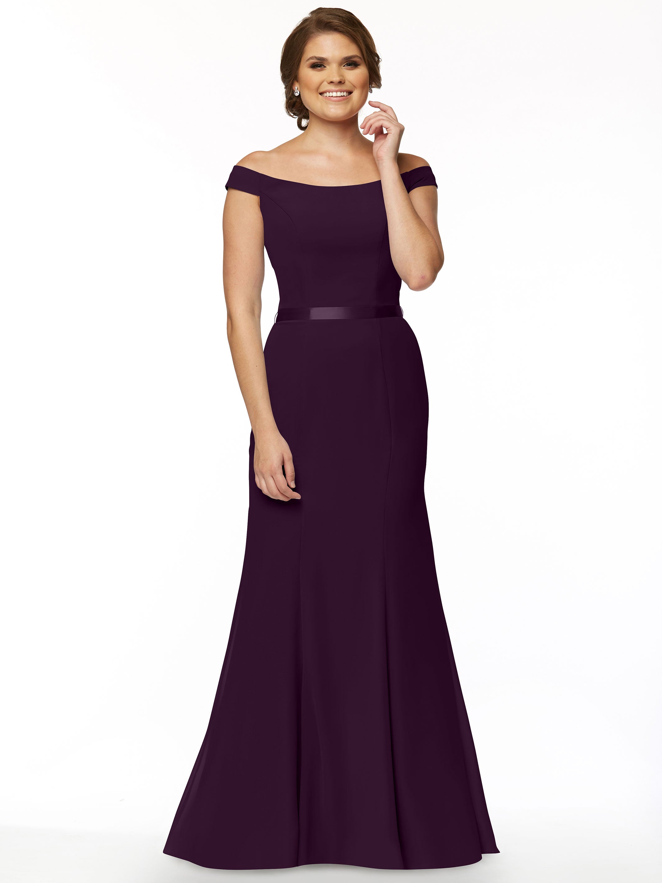 Elegant Off-The-Shoulder Chiffon Bridesmaid Dress with Ribbon Belt - Flowy Fit & Flare Design for Weddings, Parties & Special Occasions | Style #80079