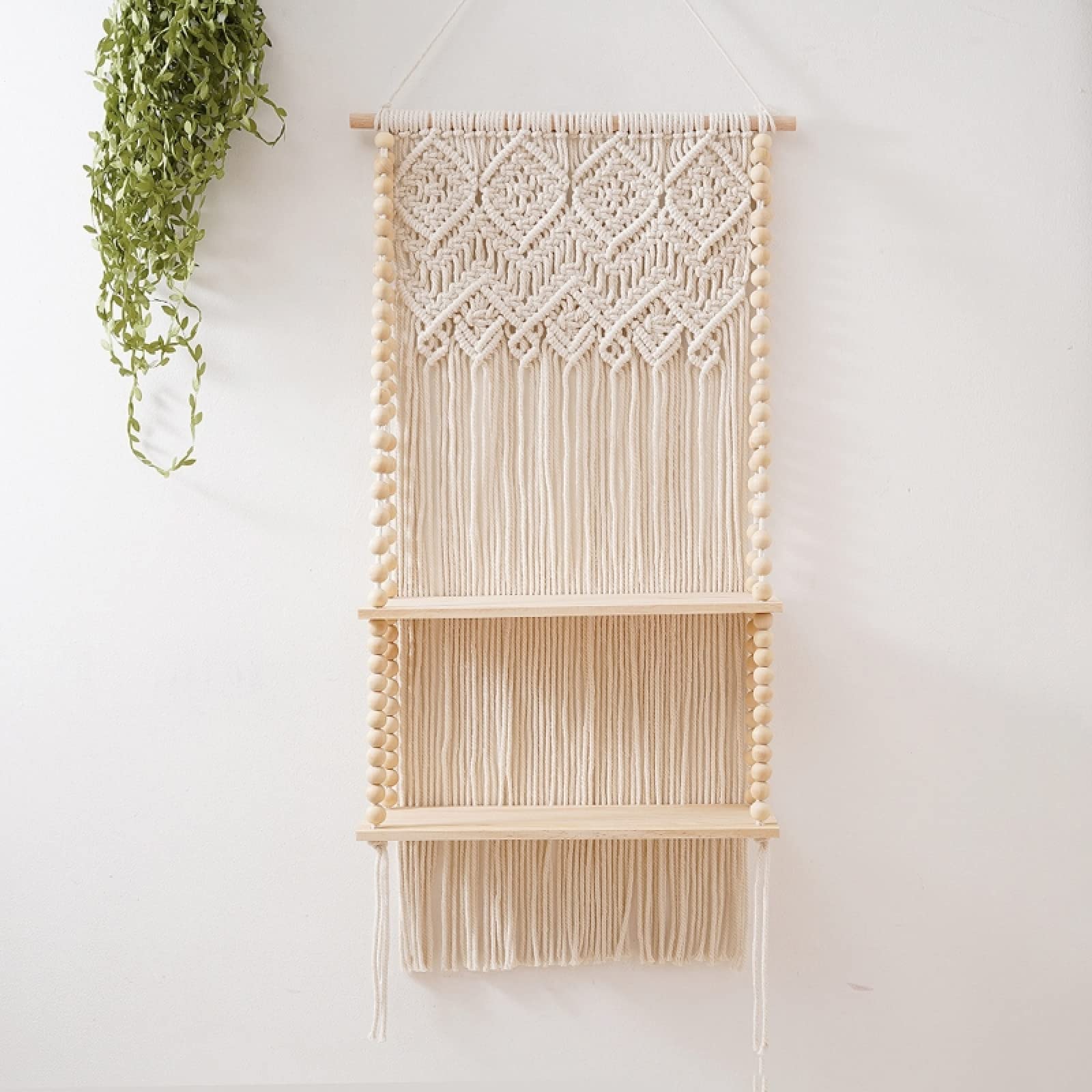 FONSMAY Macrame Wall Hanging Tapestry - Handmade Cotton Rope Woven Shelf with Wood Beads & Tassels - Boho Home Decor for Living Room, Bedroom, Nursery - DIY Plant Hanger & Floating Shelf Decor