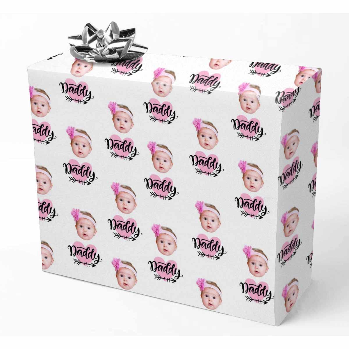 Custom Photo Wrapping Paper for Dad - Personalized 'I Love Daddy' Pink Heart Design - 3 Rolls Gift Wrap for Father's Day, Birthday & Special Occasions