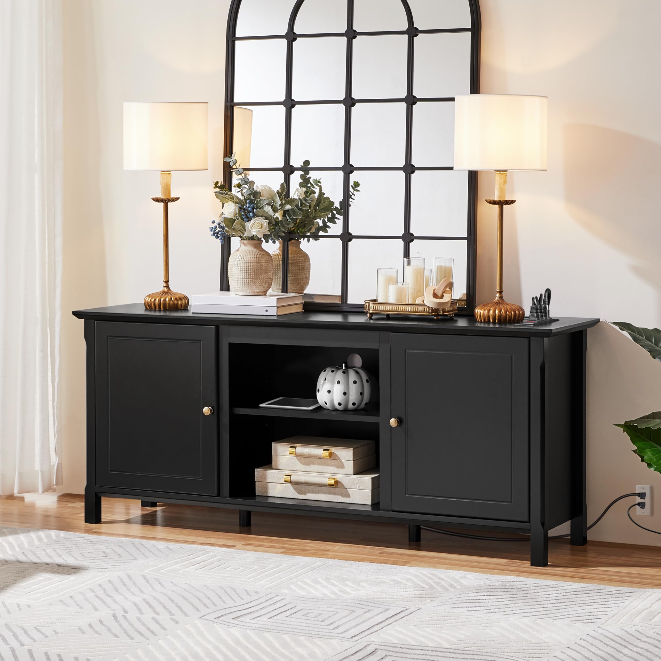 Yaheetech 65 Inch TV Stand with Power Outlet - Modern Black Entertainment Center & TV Console Table for Living Room, Bedroom - Sturdy TV Cabinet with Storage Shelves for Home Theater Setup & Media Organization