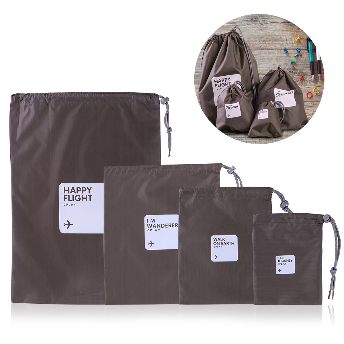 VORCOOL 4-Pack Waterproof Nylon Drawstring Storage Bags - Travel Organizer for Toiletries, Clothes & Accessories (Olive Green) - Perfect for Camping, Gym & Beach Trips
