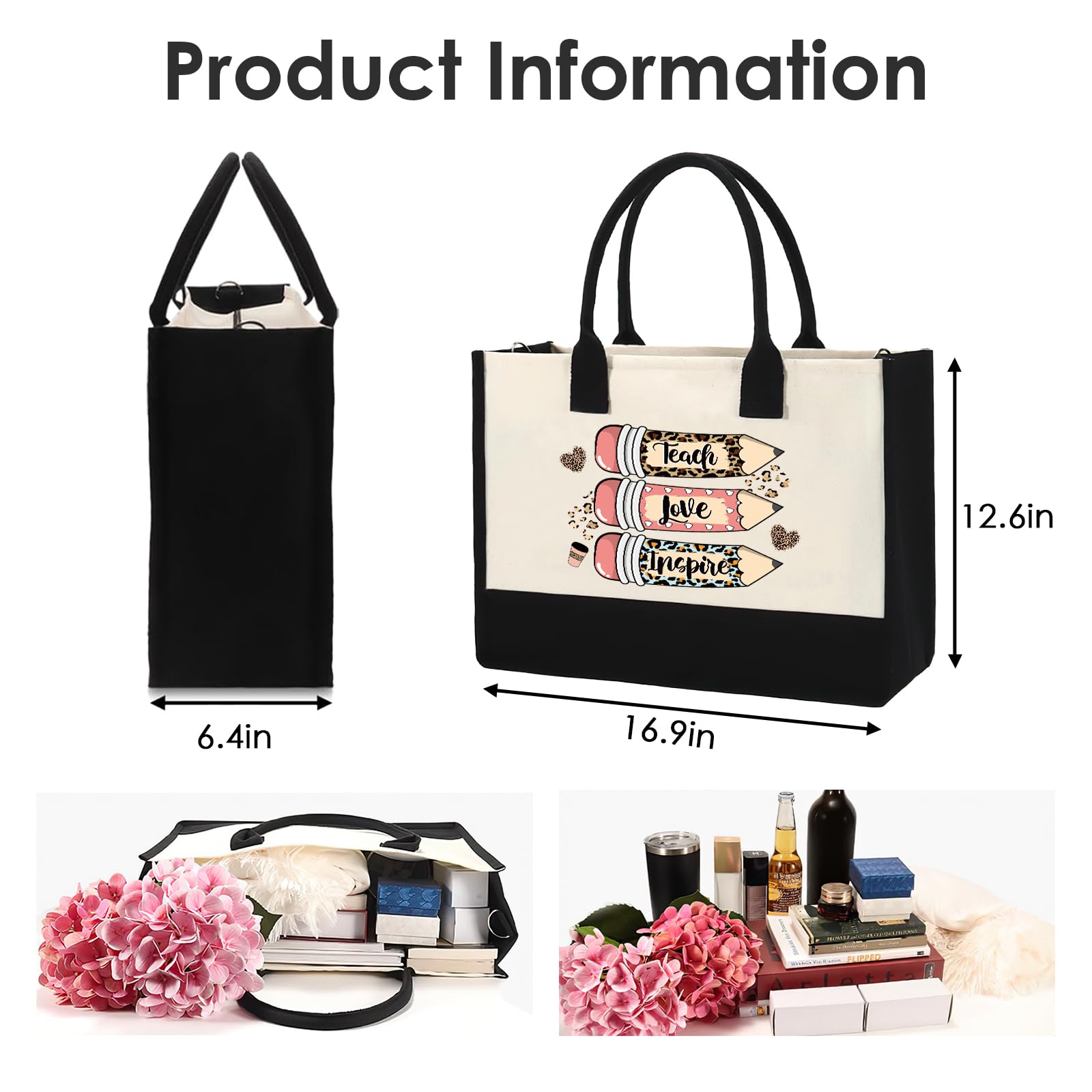 Teacher Appreciation Tote Bag - Leopard Print Pencil Design Zippered Canvas Tote with Matching Cosmetic Pouch | Perfect Teacher Gift for Women, School Supplies & Everyday Use | Great for Teacher's Day, Back to School, Classroom Organization & Work Commute