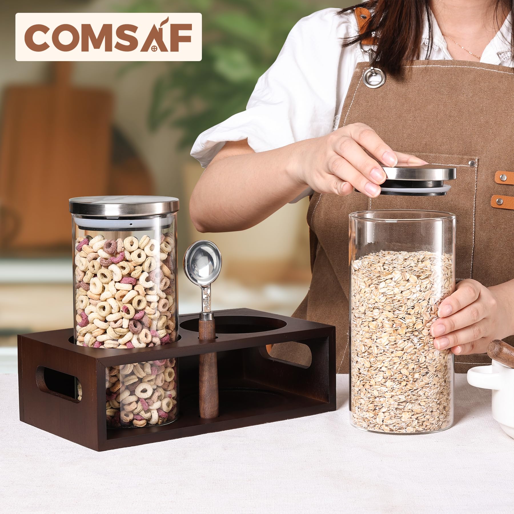 ComSaf 44oz Airtight Coffee Storage Canister with Stainless Steel Lid - 2 Pack Glass Coffee Containers for Ground Coffee & Beans, Includes Metal Scoop & Shelf - Perfect for Coffee Bars, Kitchens & Pantry Organization