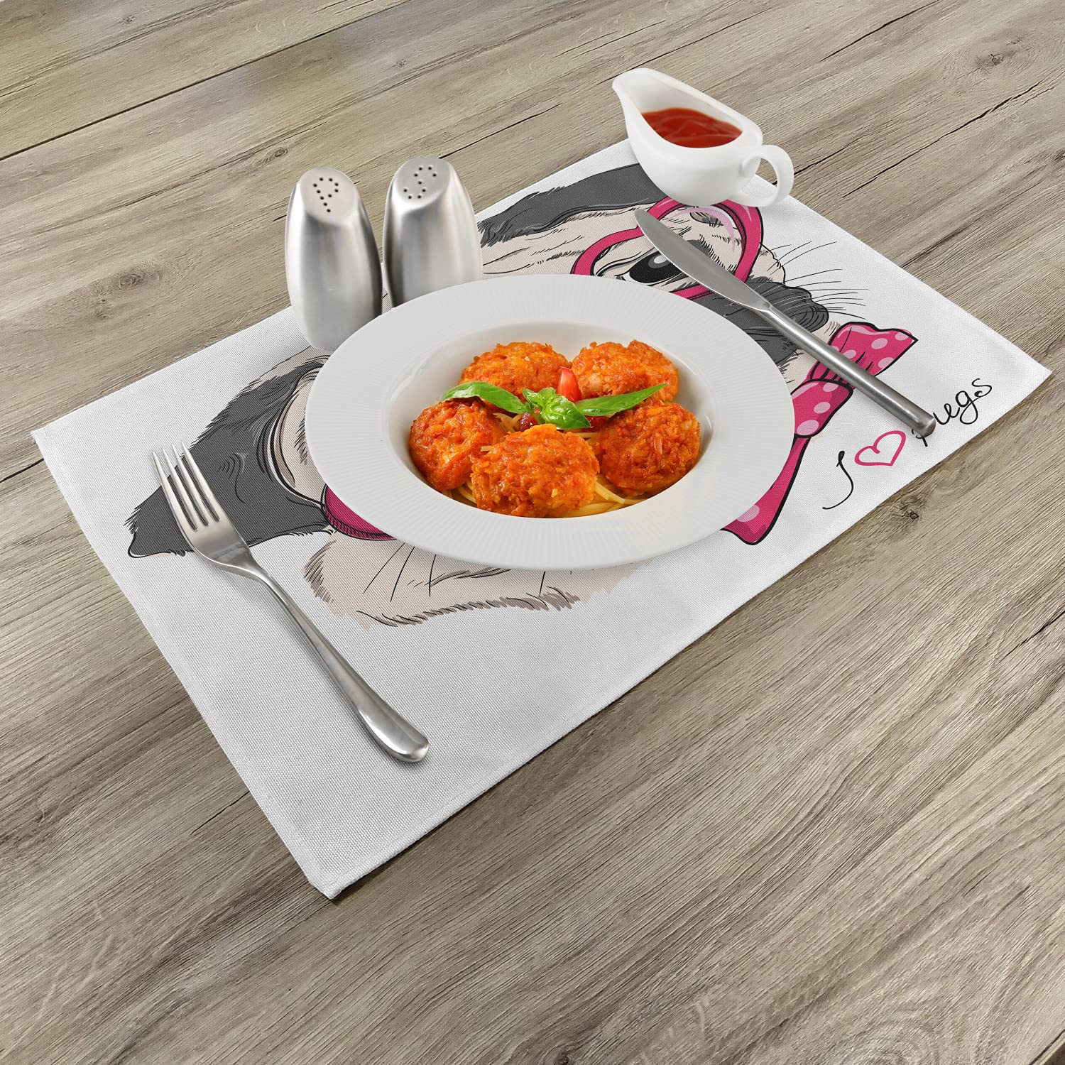Ambesonne Pug Place Mats Set of 4 - Washable Fabric Dining Table Mats with Cute Dog Design, Heart-Shaped Glasses & Dotted Bow Tie - Standard Size (Pink, Grey, White) for Kitchen, Restaurant, or Home Decor