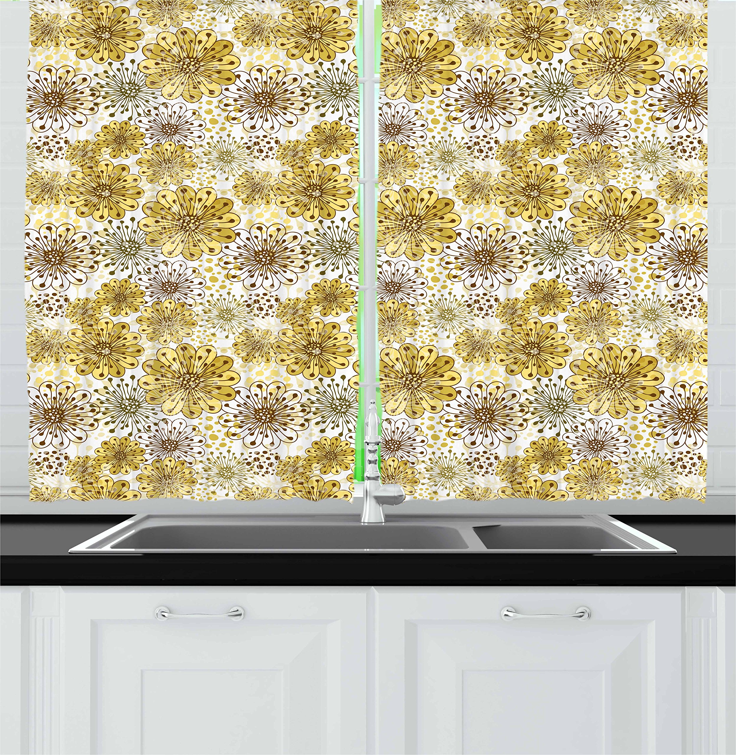 Ambesonne Floral Kitchen Curtains - Modern Blossom & Abstract Dot Design, 2 Panel Window Drapes for Home Decor, 55