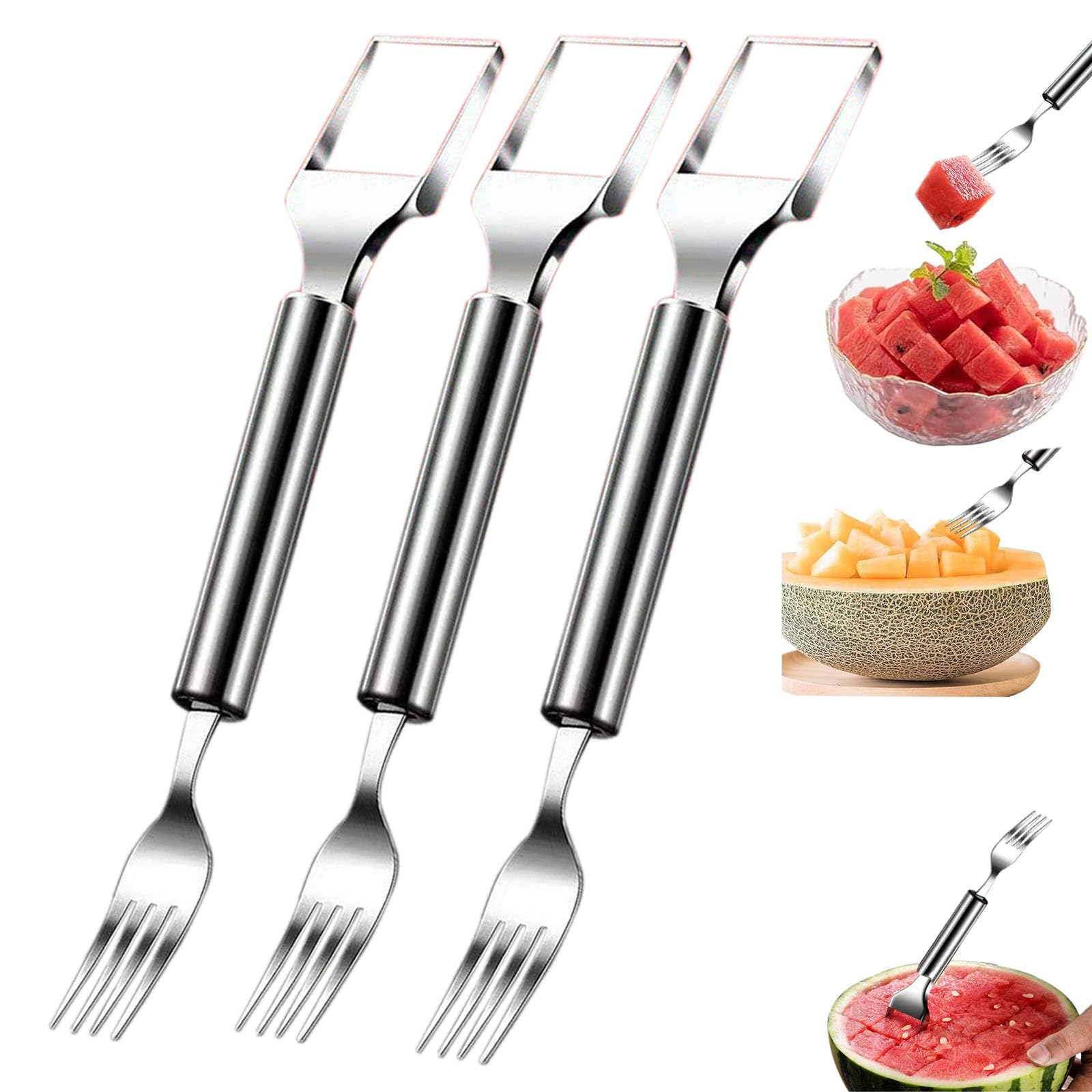 Premium Stainless Steel Watermelon Slicer & Fork - 2-in-1 Double Head Fruit Cutting Tool for Summer BBQs, Picnics, Camping & Family Gatherings (3-Piece Set) - Perfect for Outdoor Parties, Beach Trips & Backyard Cookouts
