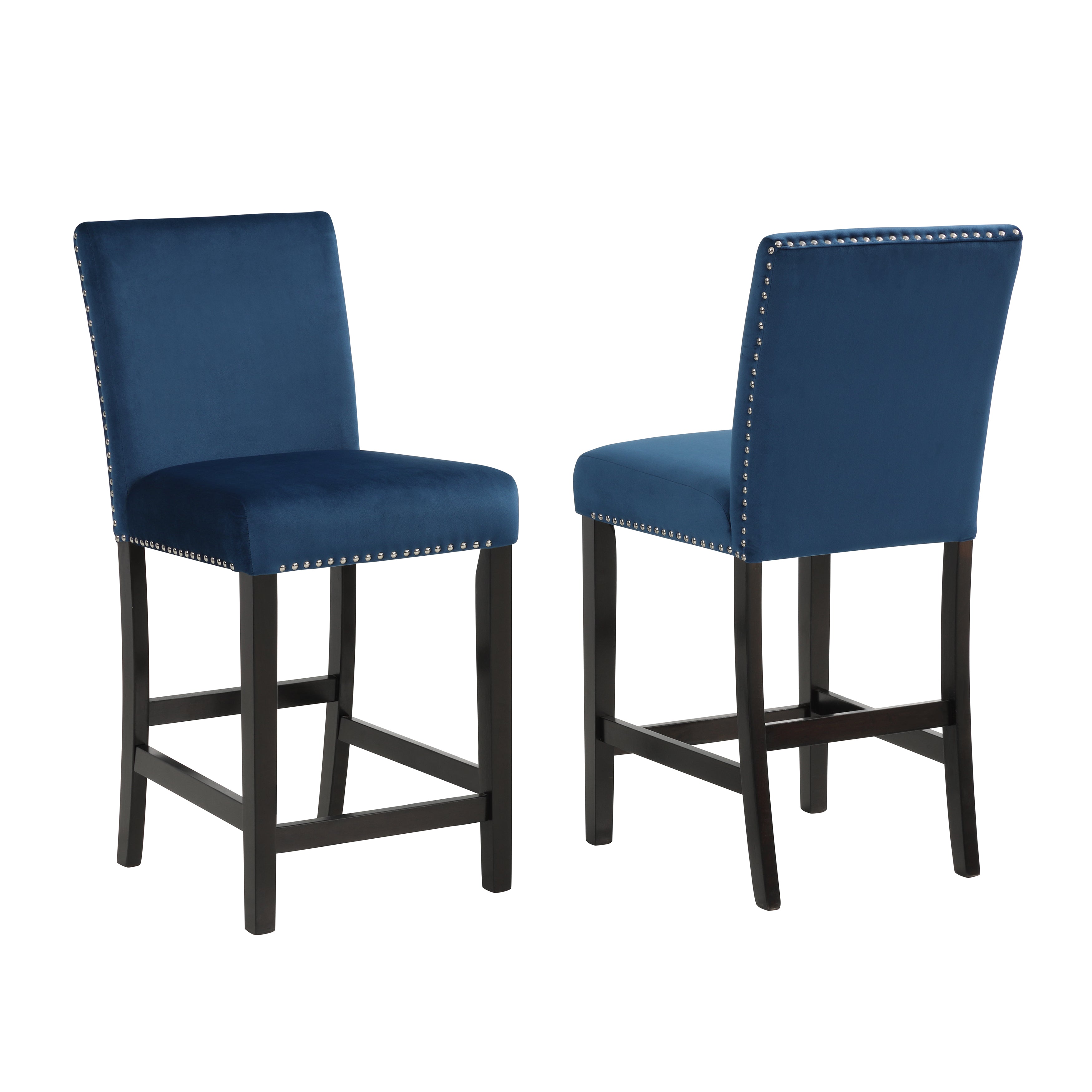 Roundhill Furniture Cobre Contemporary Velvet Counter Stool with Nailhead Trim - Set of 2 Blue Bar Stools for Kitchen Island, Breakfast Nook & Home Decor