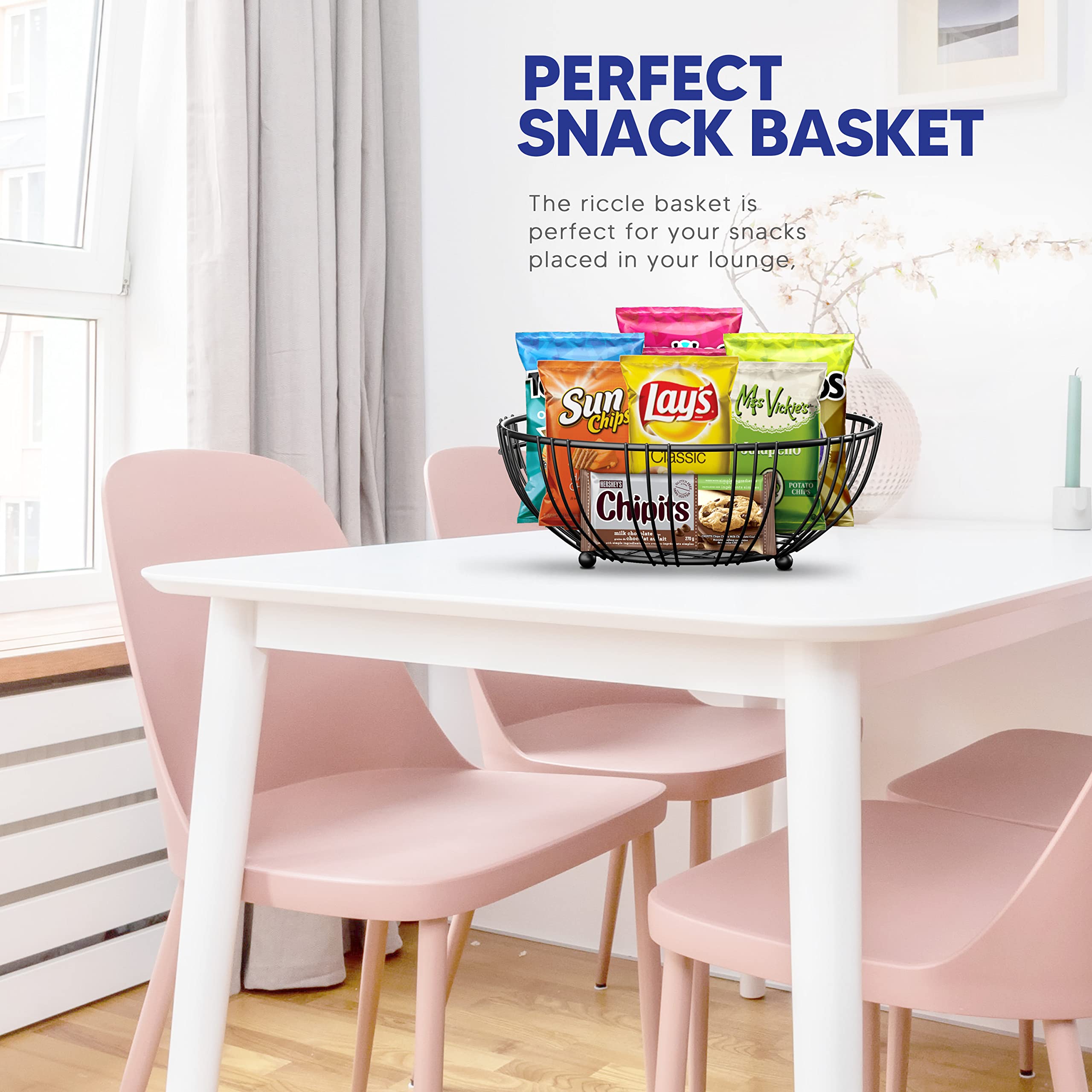 RICCLE Double Layer Metal Wire Fruit Basket with Banana Hanger - Stylish Kitchen Countertop Organizer for Fruits, Vegetables, and Produce - Perfect for Modern Kitchens and Dining Areas